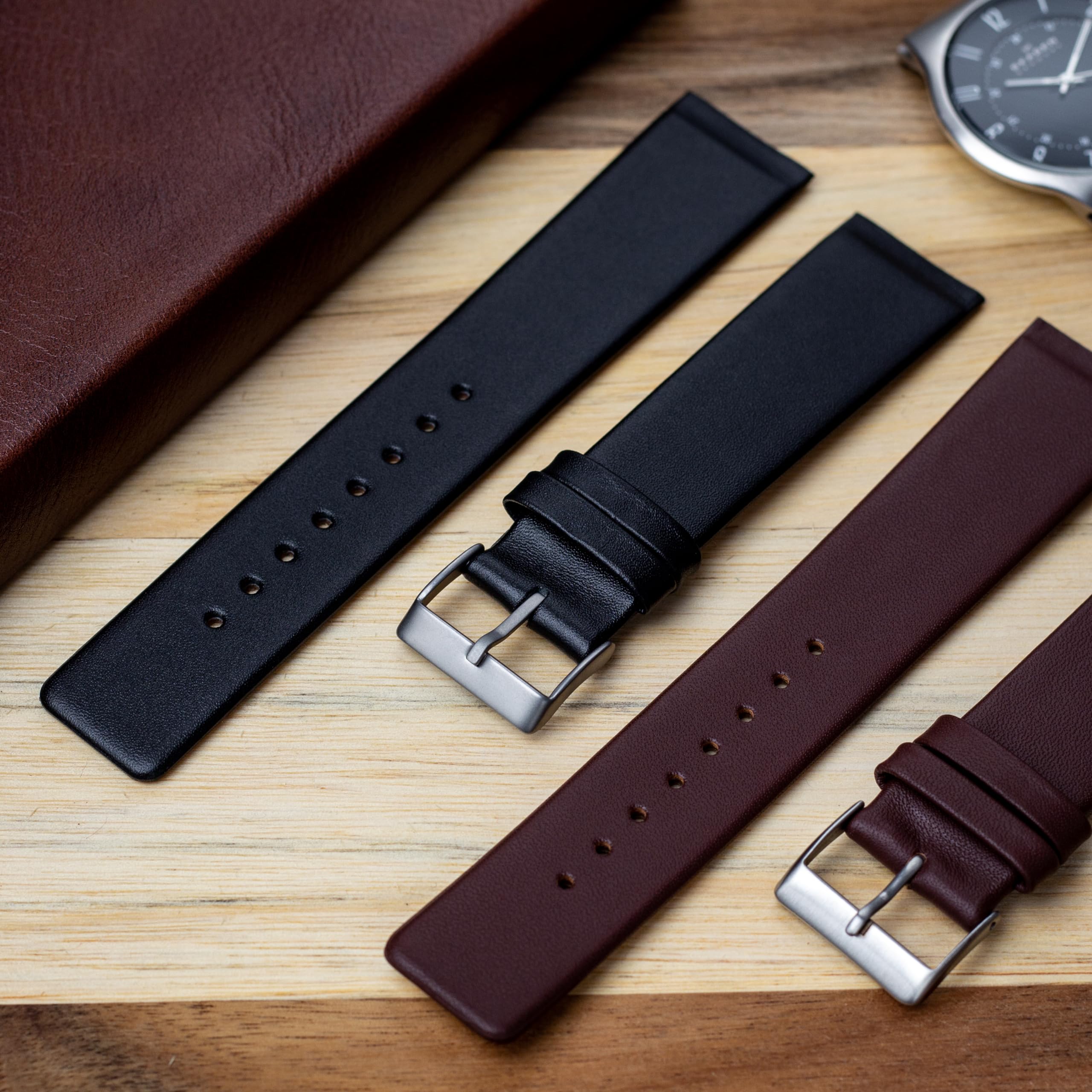 Buckle & Stitch Leather Watch Strap - Designed for 22mm Skagen Screw Style Watches - 4 Screws Included - Black and Brown - 233XXLSLB - Aftermarket Watch Band