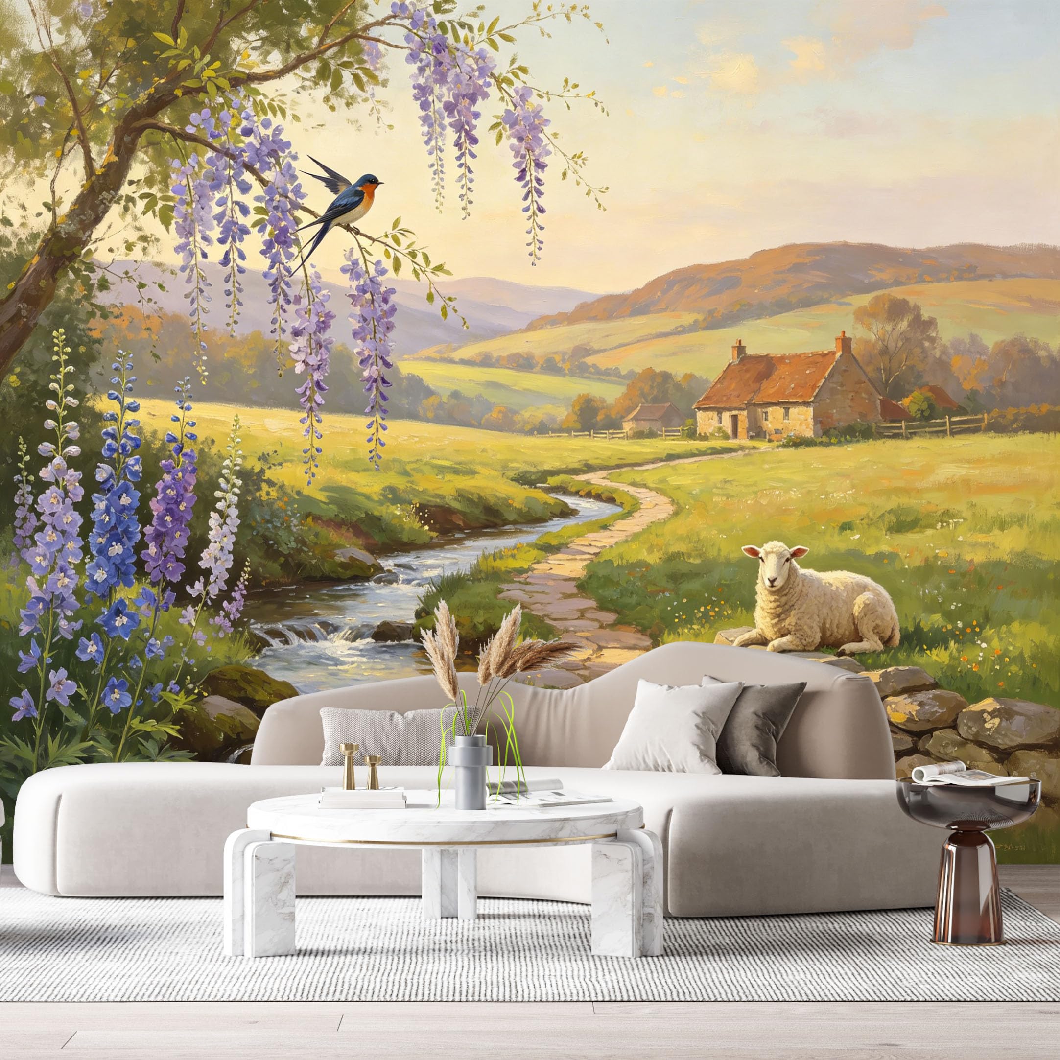 Custom Size Wall Murals Farmhouse American Country Oil Painting Wisteria Bird Sheep Creek Stone Path SelfAdhesive Wall Fabric Removable Large Wallpaper Photo for Living Room