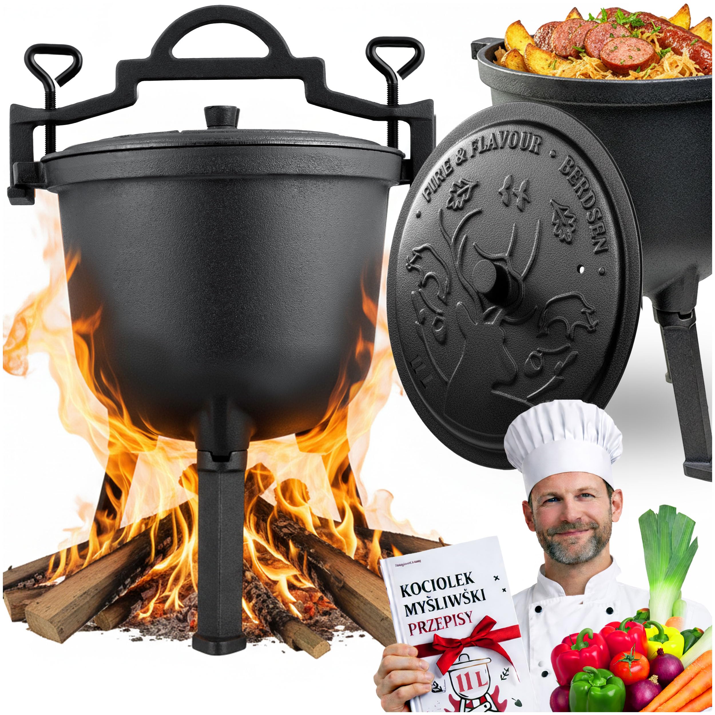 Berdsen Cast Iron Pot 11 L Dutch Oven - Fire Pot for Campfire and Grill - Even Cooking - with 3 Legs and Hanging Bracket - Includes Recipe Book - Black