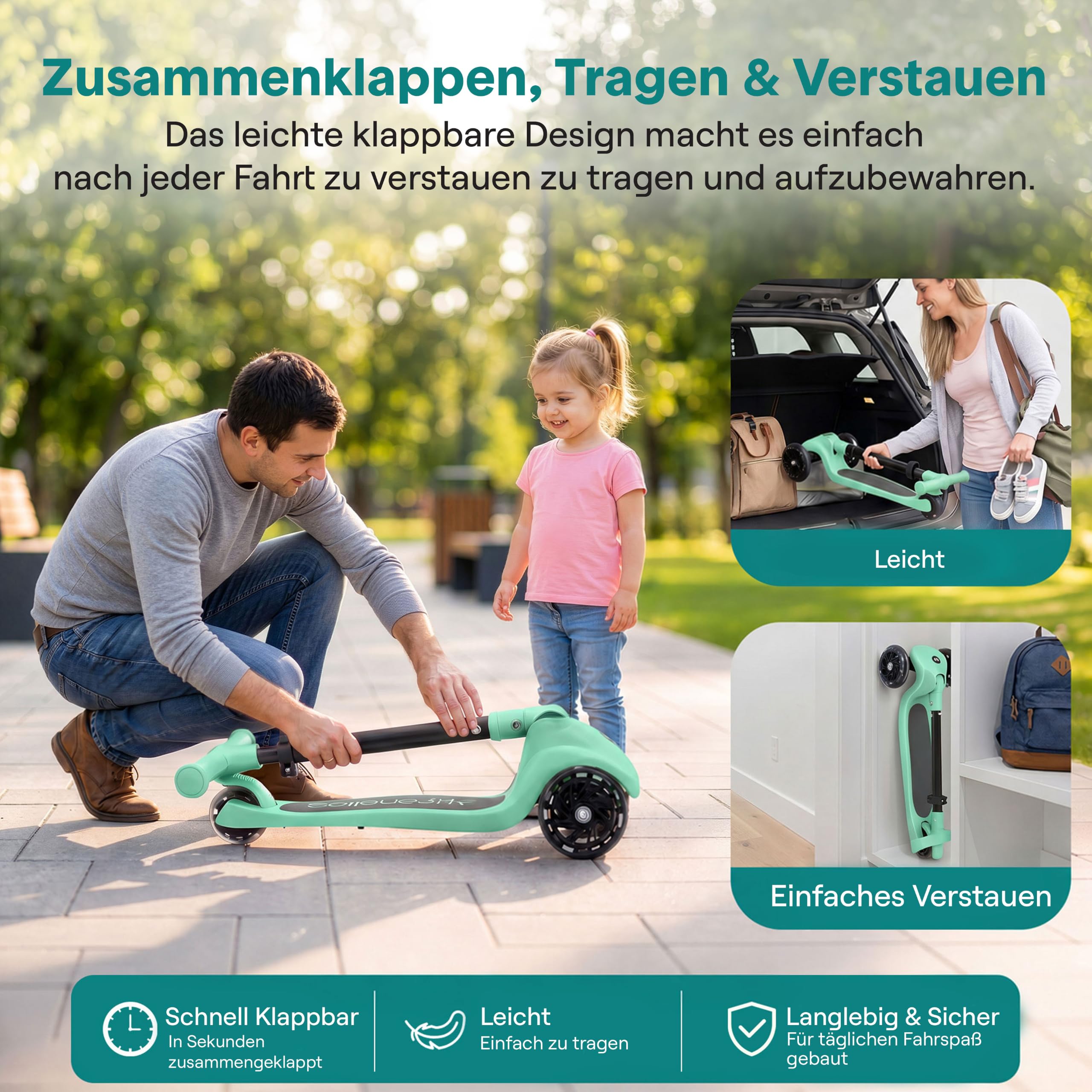 SereneLife Kinderroller ab 3 Jahre – LED Tretroller faltbar höhenverstellbar, leicht und stabil, für Jungen und Mädchen, Indoor und Outdoor, bis 50 kg