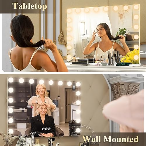 Miniatura 2 de FENNIO Hollywood - Espejo de tocador con luces de 32 x 24.5 pulgadas, espejo grande iluminado para maquillaje con 18 bombillas LED regulables y