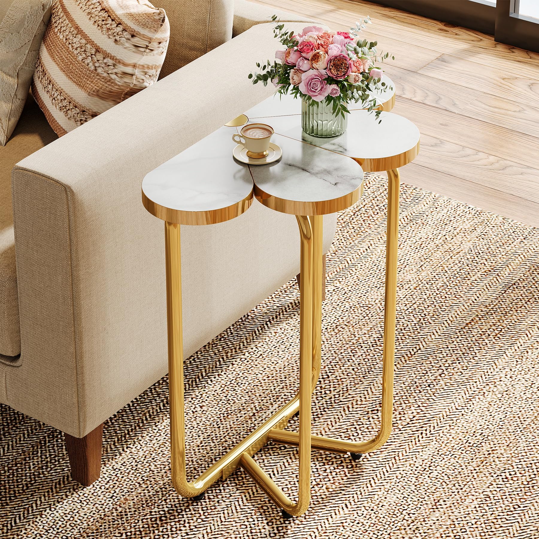 Tribesigns Narrow Side Table, Half-Flower Accent Side Table with Stylish Gold Frame, White and Gold End Tables, 26-Inch Tall Faux Marble Nightstand for Bedroom