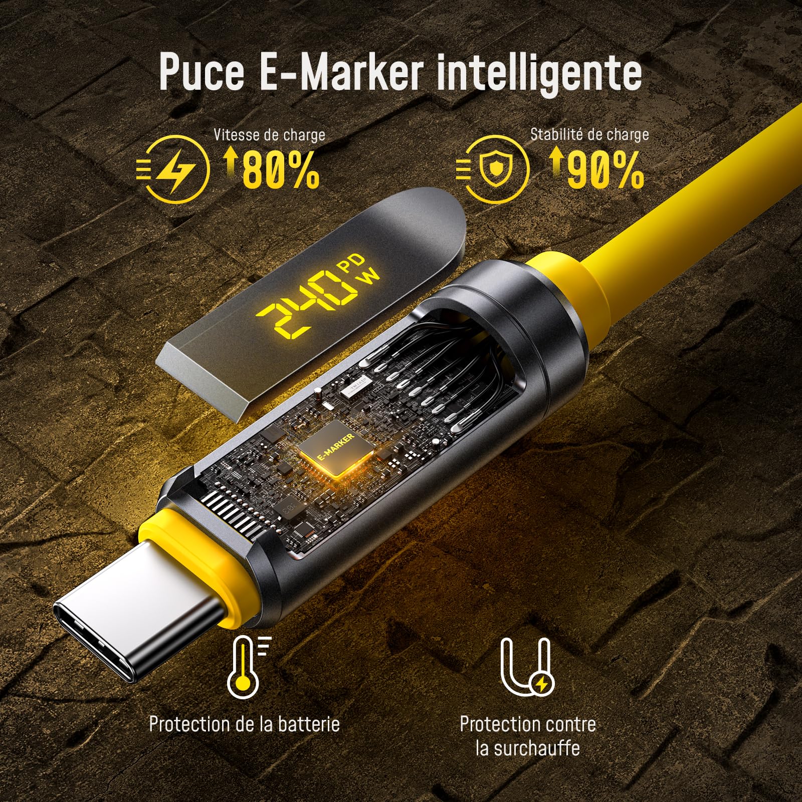 AOHI Câble Thunderbolt 5 avec affichage LED, 1m, charge rapide PD 3.1 240W, transfert de données 80 Gbit/s, double affichage 8K, câble USB-C Future Adonis pour MacBook/iPhone 17 (100, Centimètres)