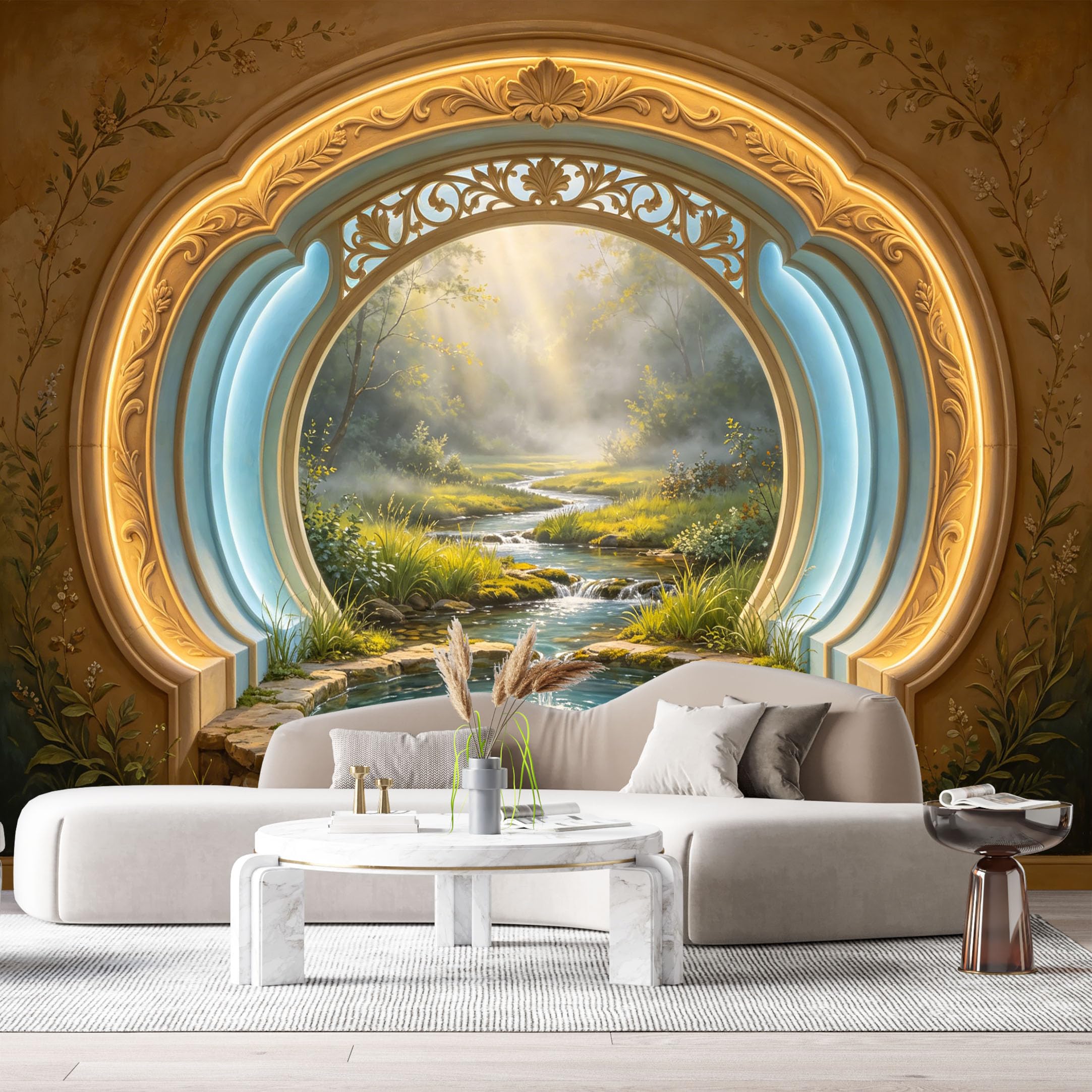 Custom Size Wall Murals Arched Window Garden Fountain Stream Misty Trees 3D Trompe L'Oeil SelfAdhesiveWall Fabric Removable Wallpaper Wall Decor for Living Room Bedroom Bathroom