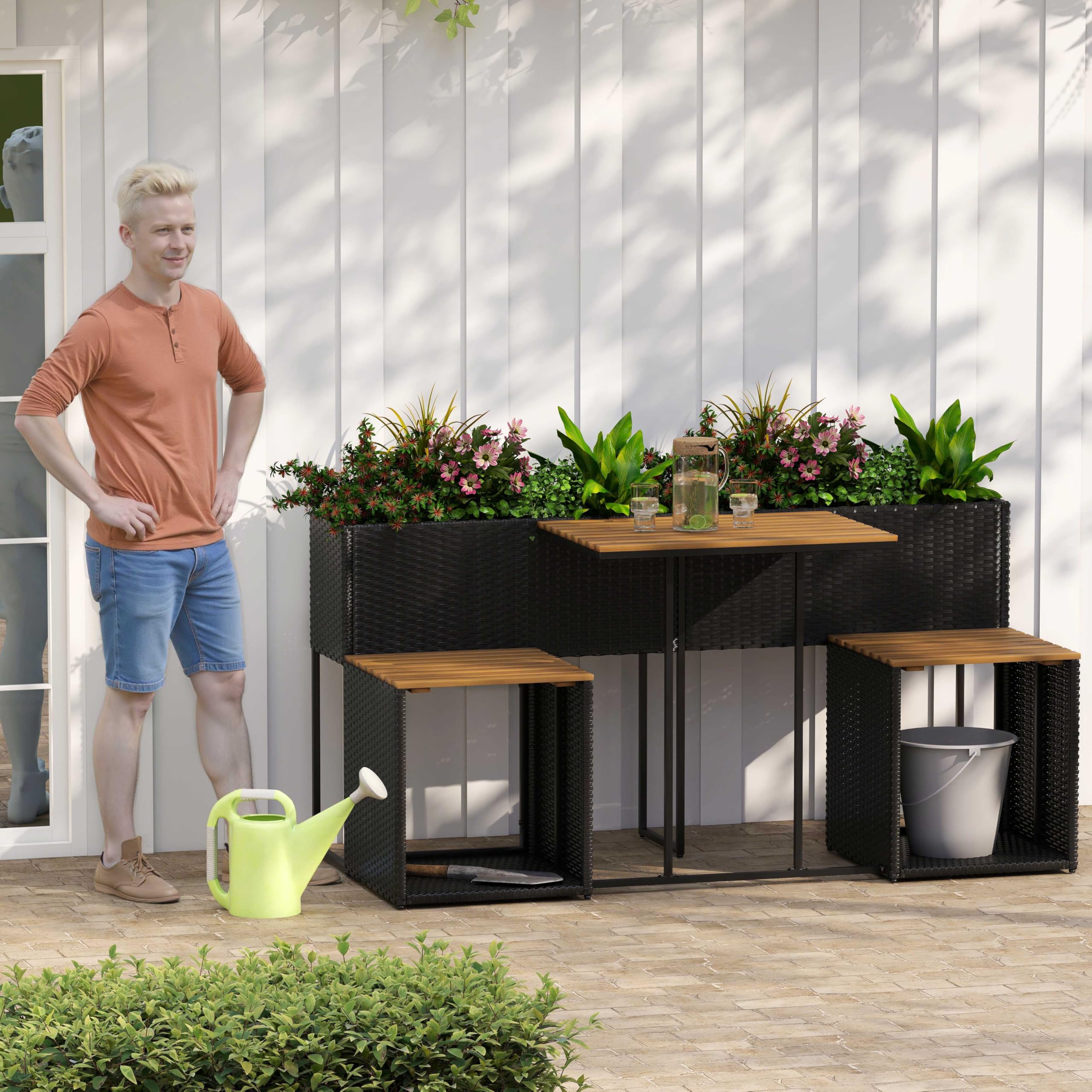 COSTWAY Gartenmöbel Set mit Hochbeet (Schwarz) | Kräuterbeet mit integrierten Stühlen, Balkonset, Balkonmöbel, Sitzgarnitur, Sitzgruppe für Garten, Balkon, Terrasse