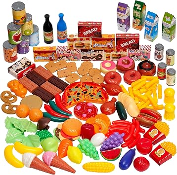 THE TWIDDLERS 150 Piece Play Food Set for Kids Kitchen, Toy Food | Plastic Pretend Fruit & Vegetables, Fake Grocery Shop, Supermarket & Shopping Accessories