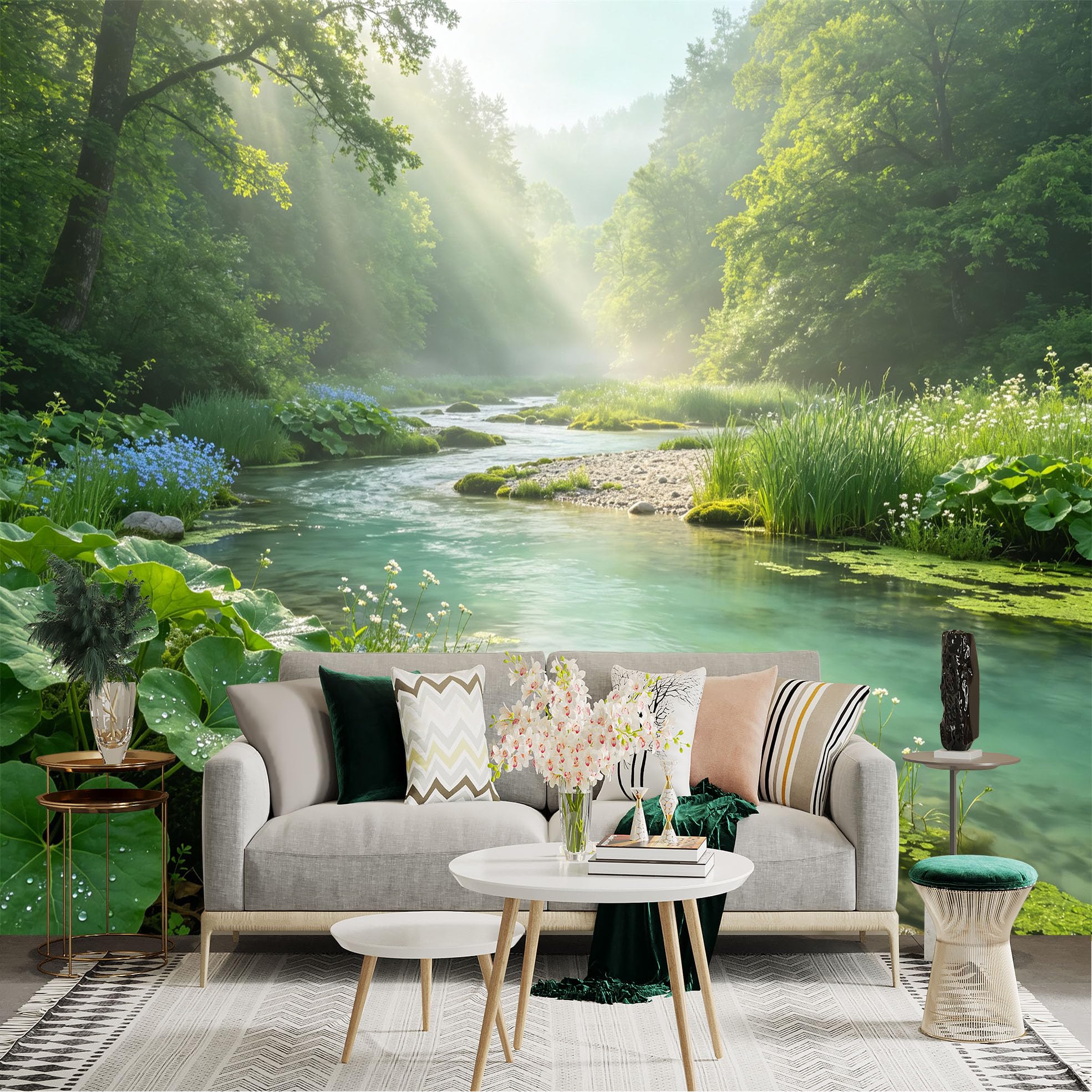 Lnzczhyre Bh260719286 Custom Size Wall Sticker Mural， Sunbeams Over Forest Stream， Tranquil River Landscape， Misty Woodland Scenery， For Wall Decoration， Peelandstick Wall Decals.