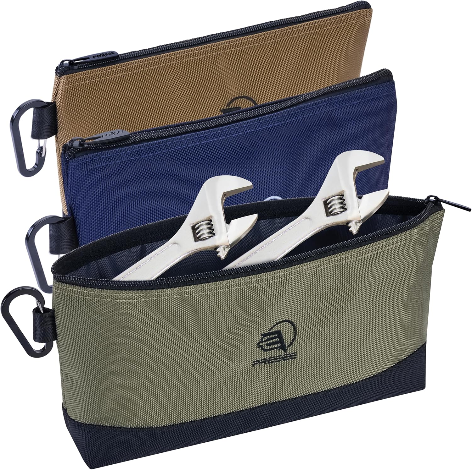 Tool Pouch Zipper Small Tool Bag Pouches Organizer Bag with Metal Carabiner, Nylon 1680D Heavy Duty for Wrenches, Screwdrivers, Pliers, Pack of 3, Green, Khaki，Blue