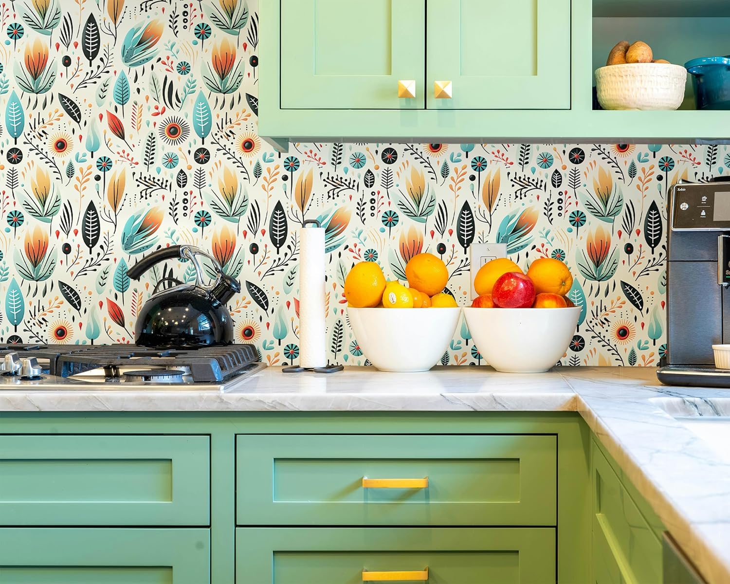 FLFK Boho Vintage Wallpaper Peel and Stick 16" x 384" Abstract Leaves and Flowers Removable Wall Paper for Kitchen Bathroom Bedroom Dining Room Accent Wall Decor