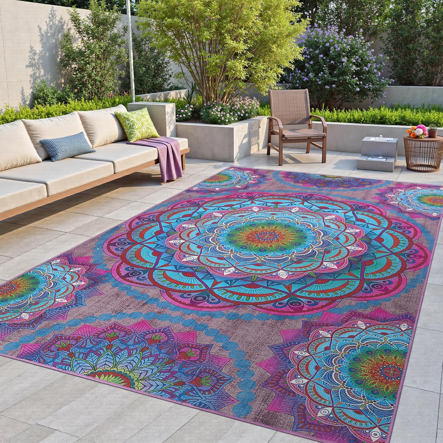 Meditation Indoor Outdoor Rug 5x8 ft Mandala Pattern Rug Boho Style,Yoga Meditation Mat Picnic Rug for Patio Living Room Porch Garden Deck Backyard Easy to Clean Non Shedding Non-Slip Purple 5 x 8 Feet