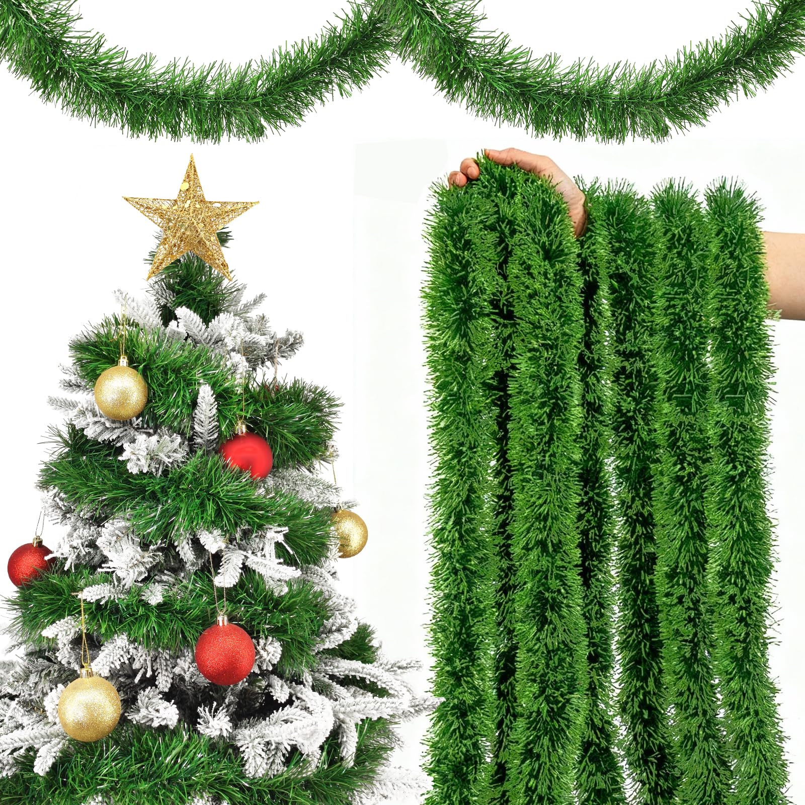 ROLLWAY Weihnachtsgirlande 10m Grün Weihnachtsbaum deko Girlande Tannengrün | Tannengirlande Künstlich wie Echt Christmas Tree Girlande Weihnachten Kunstgirlande Weihnachtsdeko für Treppe, Kamin, Balkon