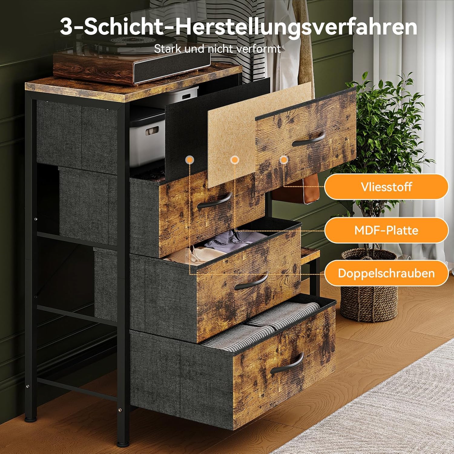 Detaljeret view of ODK dresser features: 4 large drawers, stable clothes rail, 2 side hooks, double shoe rack