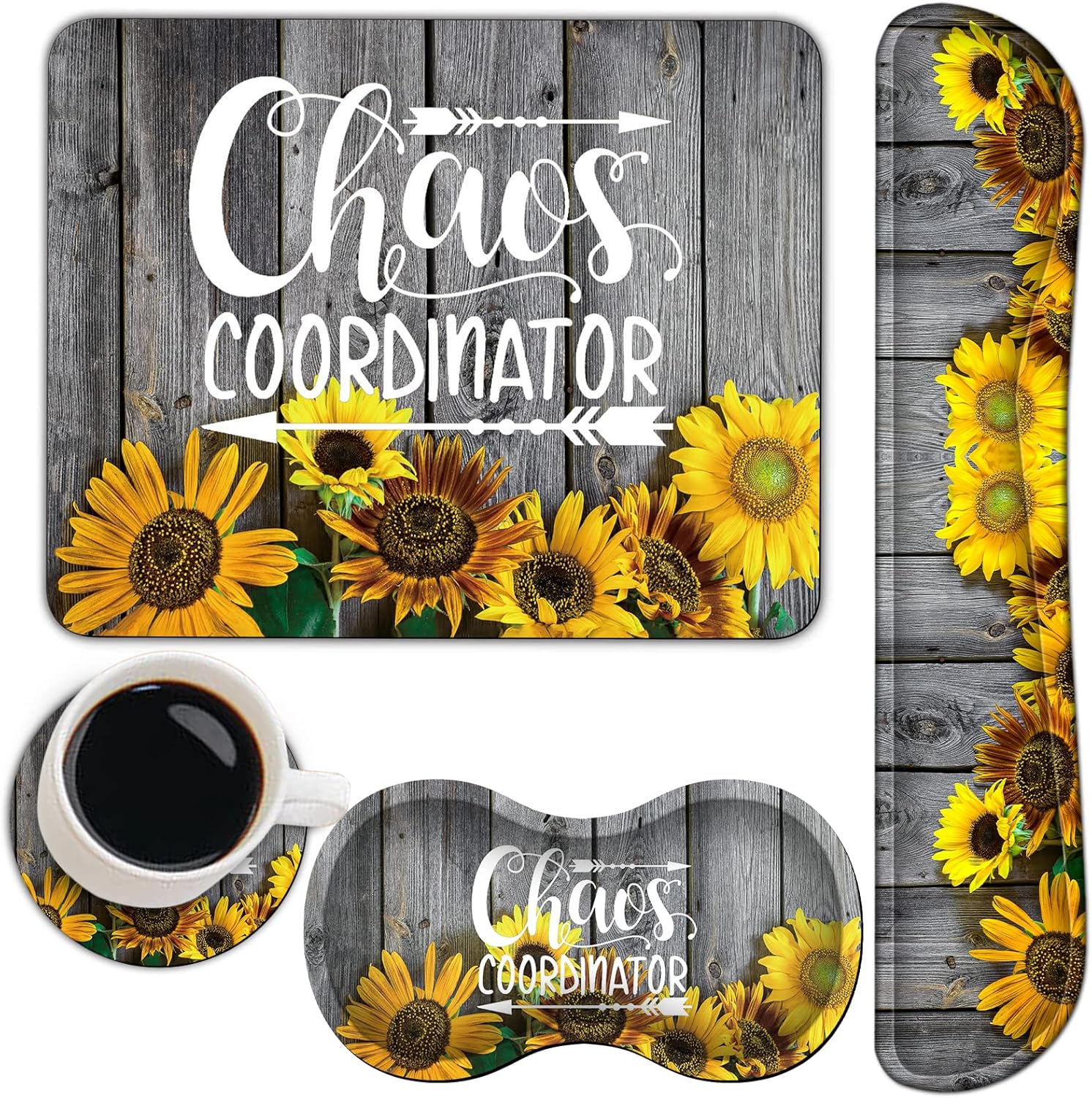 Keyboard Wrist Rest + Mouse Pad + Mouse Wrist Rest Support + Coaster Set, Ergonomic Memory Foam Mouse and Keyboard Pad Set for Laptop Computer Office Home Working Gaming,Sunflower Chaos Coordinator
