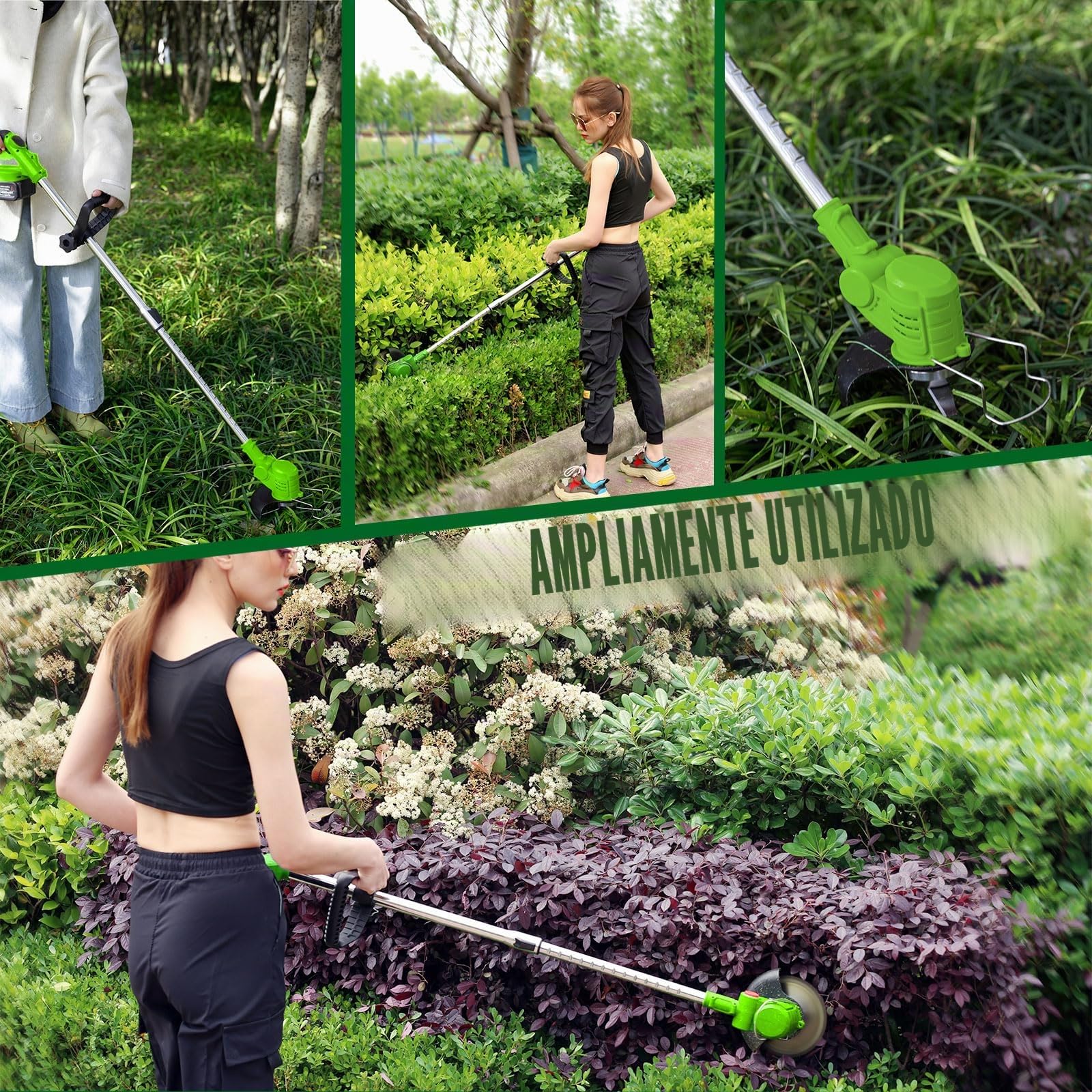 Desbrozadora Bateria 21V Desbrozadora Electrica con 2 4.0Ah Baterías y 4 Cuchillas, Cortabordes Bateria 4 en 1 con Mango Retráctil y Rotación de Cabezal de 90° para Césped Jardín Poda,Green
