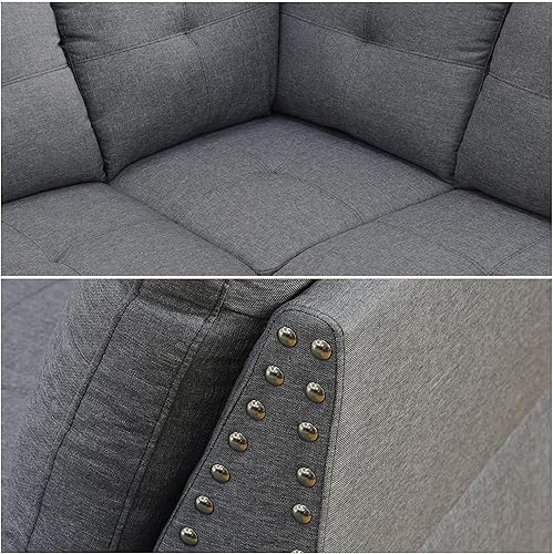 Miniatura 2 de FONTOI Sofá modular en forma de L, sofá modular moderno de 4 asientos con portavasos y ribete de cabeza de clavo, sofá en forma de L de piel gris