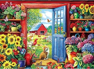 MINIWAN 500 Piece Garden Cats Jigsaw Puzzle for Adults | Farmhouse Floral Sunflower Puzzle with Letters on Back, Reference Poster, 23x15 Inch Rectangular Wall Decor