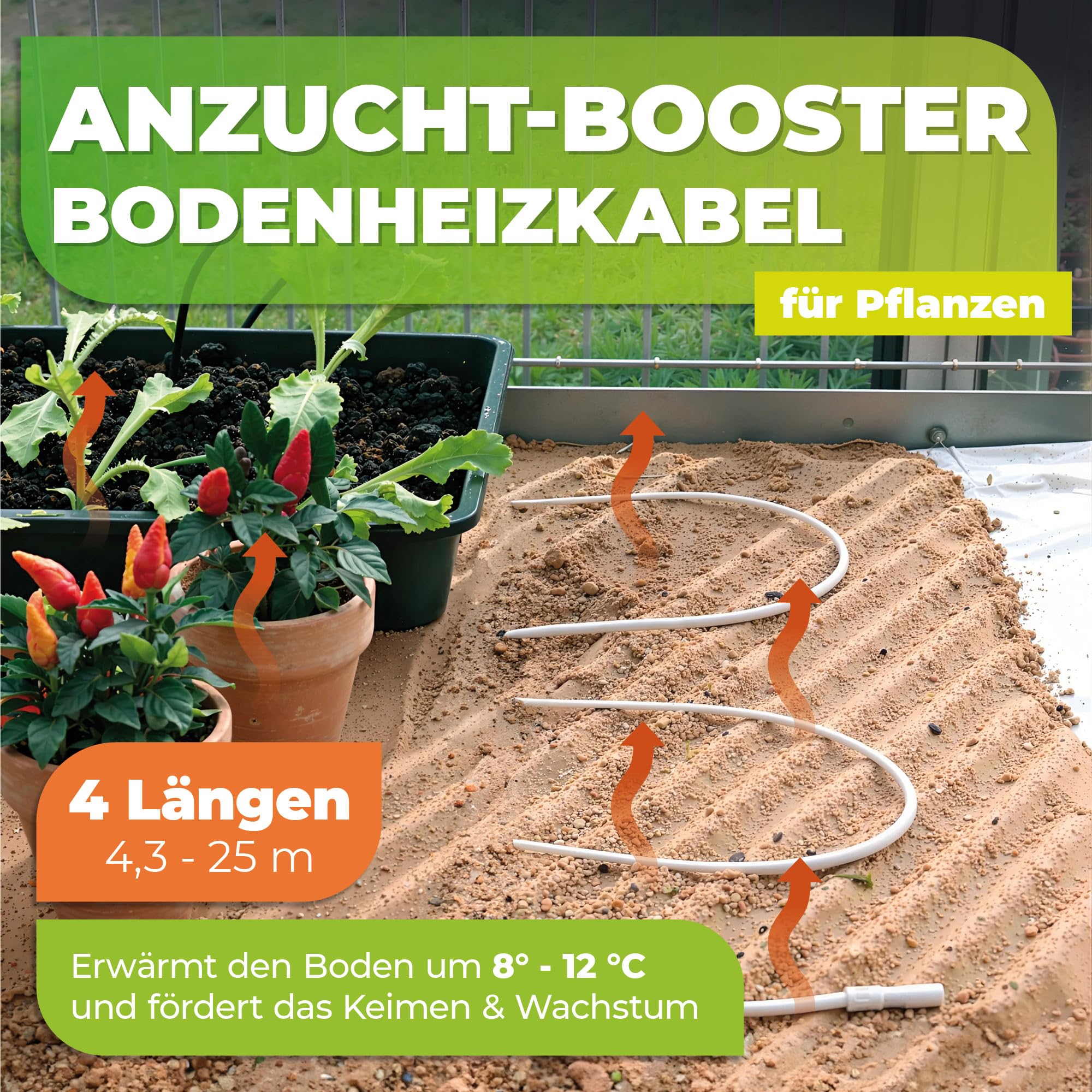 BioGreen Bodenheizkabel für die Anzucht | 10 m Heizkabel für Pflanzen | wasserdichtes Erdwärmekabel fürs Gewächshaus & Frühbeet | Wurzelheizung