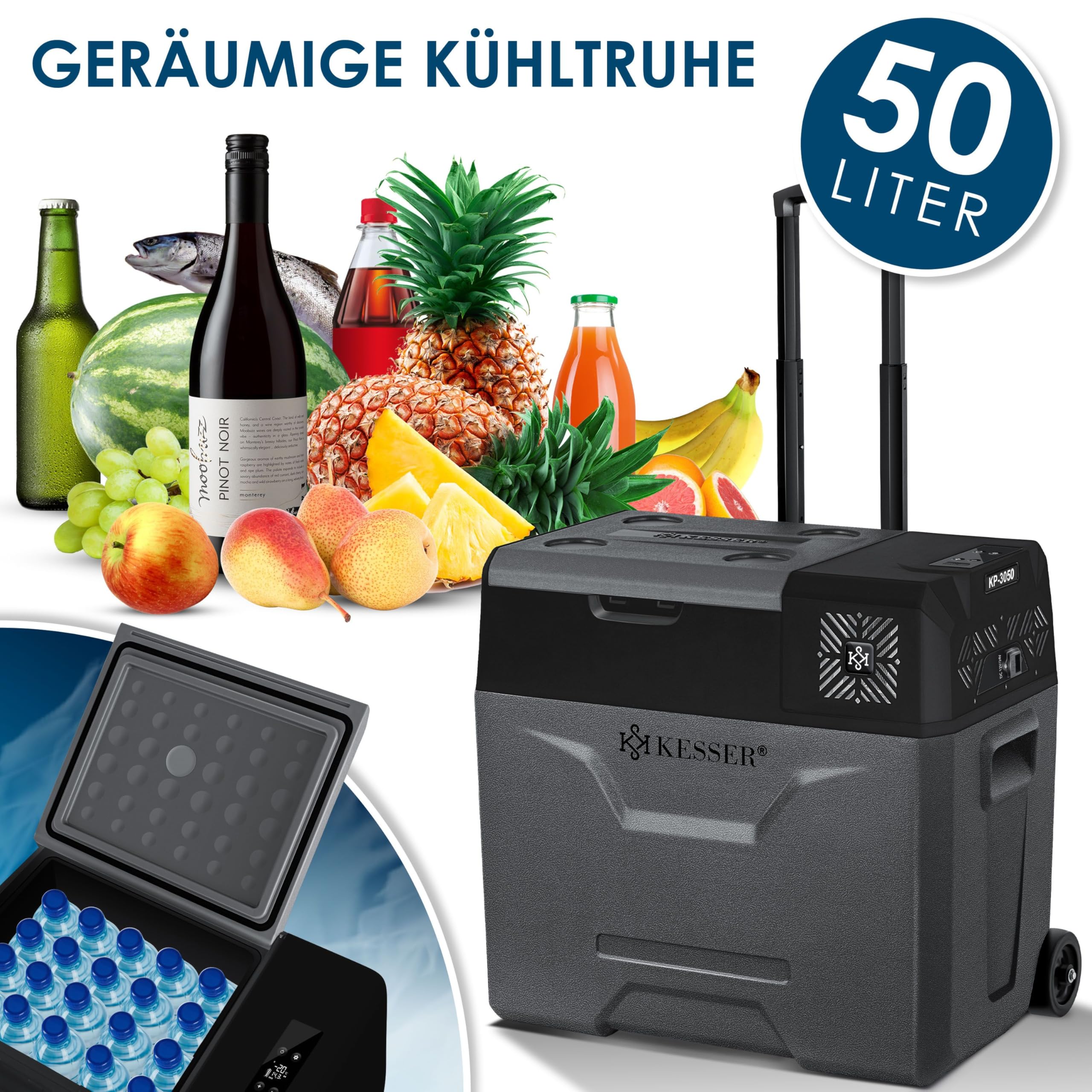 KESSER® Lodówka elektryczna z kompresorem, 50 litrów, ze sterowaniem za pomocą aplikacji, złącze USB 12/24 V 230 V, drążek teleskopowy do lodówki, chłodzenie do -20 °C do samochodu, ciężarówki, łodzi, kampera, kempingu