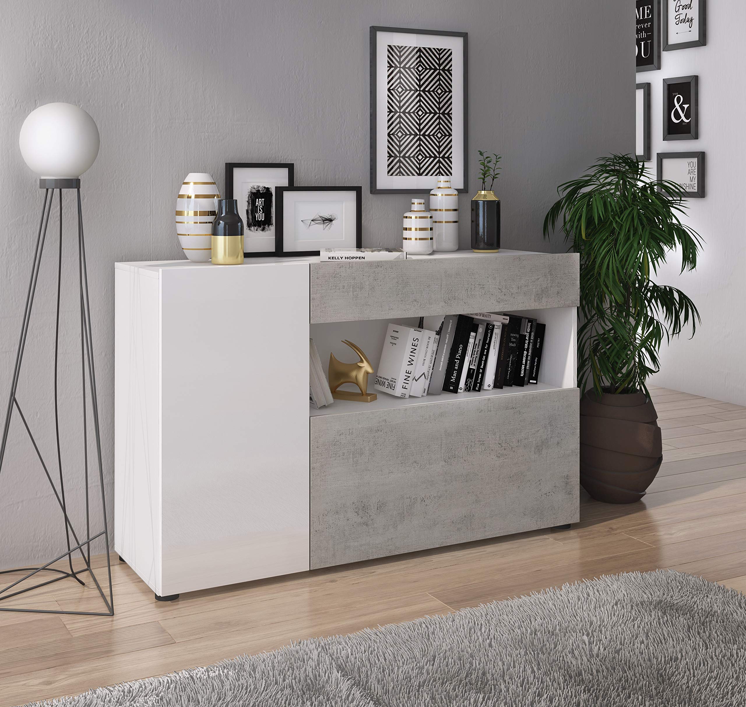 Credenza Moderna Madia Mobile Contenitore In Melaminico Con 2 Ante 1 Cassetto E Ripiani Interni Design Minimal Senza Maniglie Soggiorno Salotto Ingresso 130 x 81 x 41 Cm Bianco E Grigio Cemento