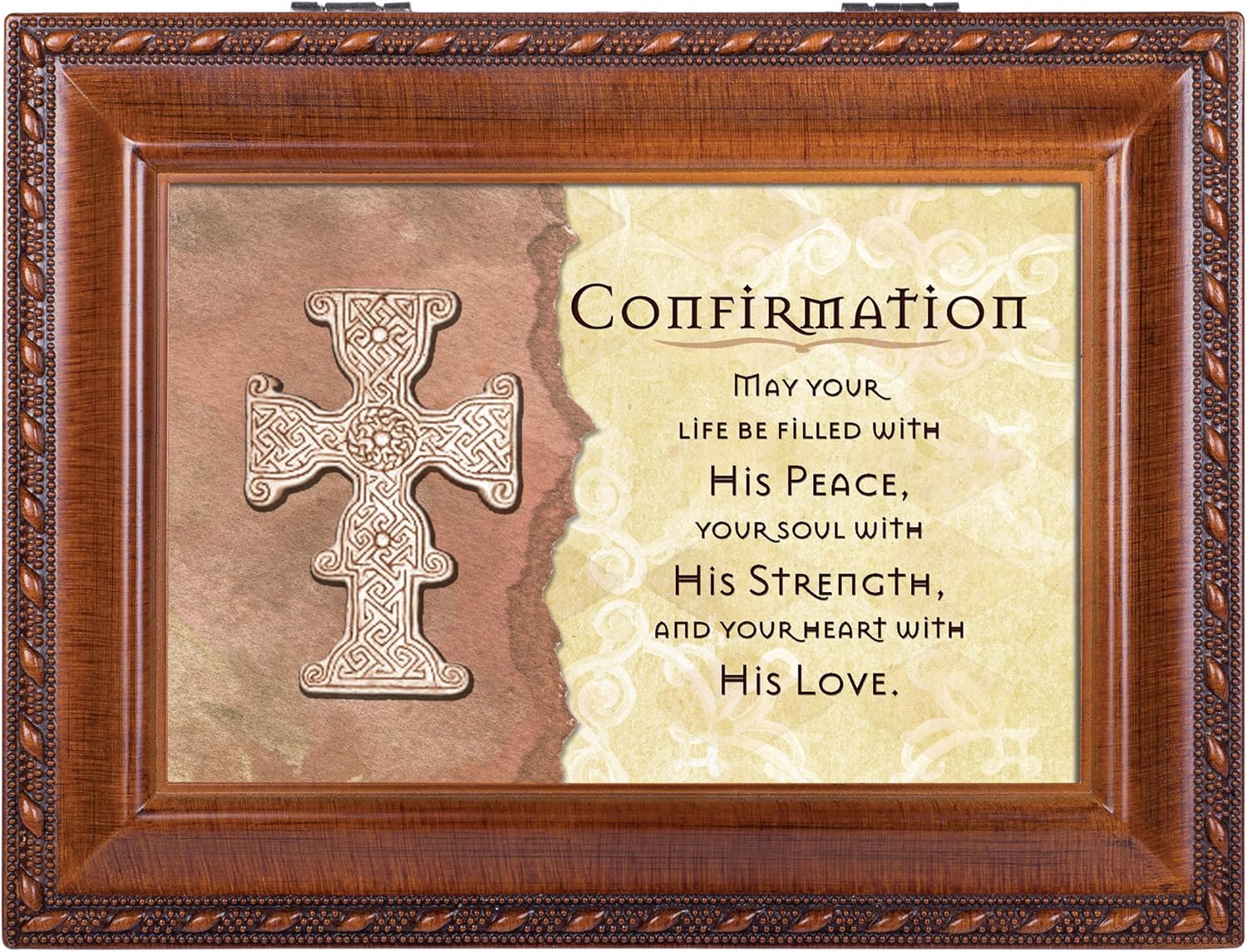 Cottage Garden Confirmation Life Filled with Peace Woodgrain Rope Trim Jewelry Music Box Plays Friend in Jesus