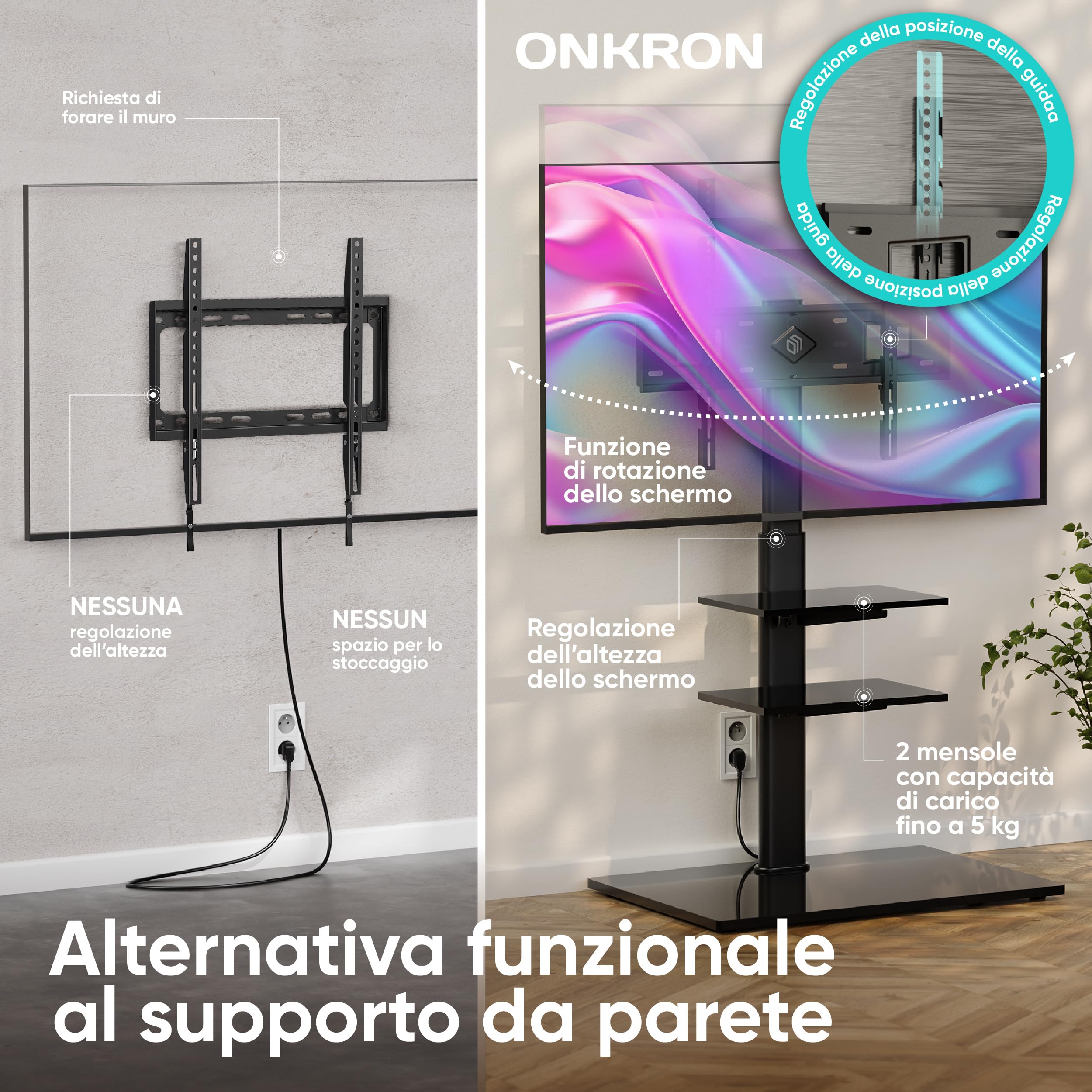 ONKRON Piedistallo TV da 32 a 65 pollici, Carico Totale 40 kg, Porta Televisore da Terra max VESA 600x400 mm, Piede TV Universale, Girevole, Porta Televisore con Ripiani, Nero, TS5550-B