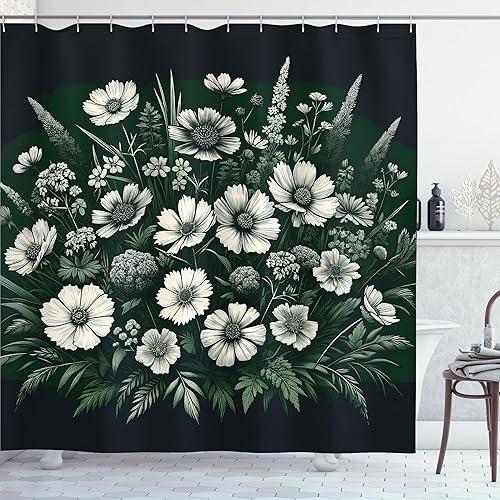 Miniatura 6 de Ambesonne Cortina de ducha Grunge Stall, patrón de flores y hojas en pared agrietada con líneas florales, diseño clásico, juego de decoración de