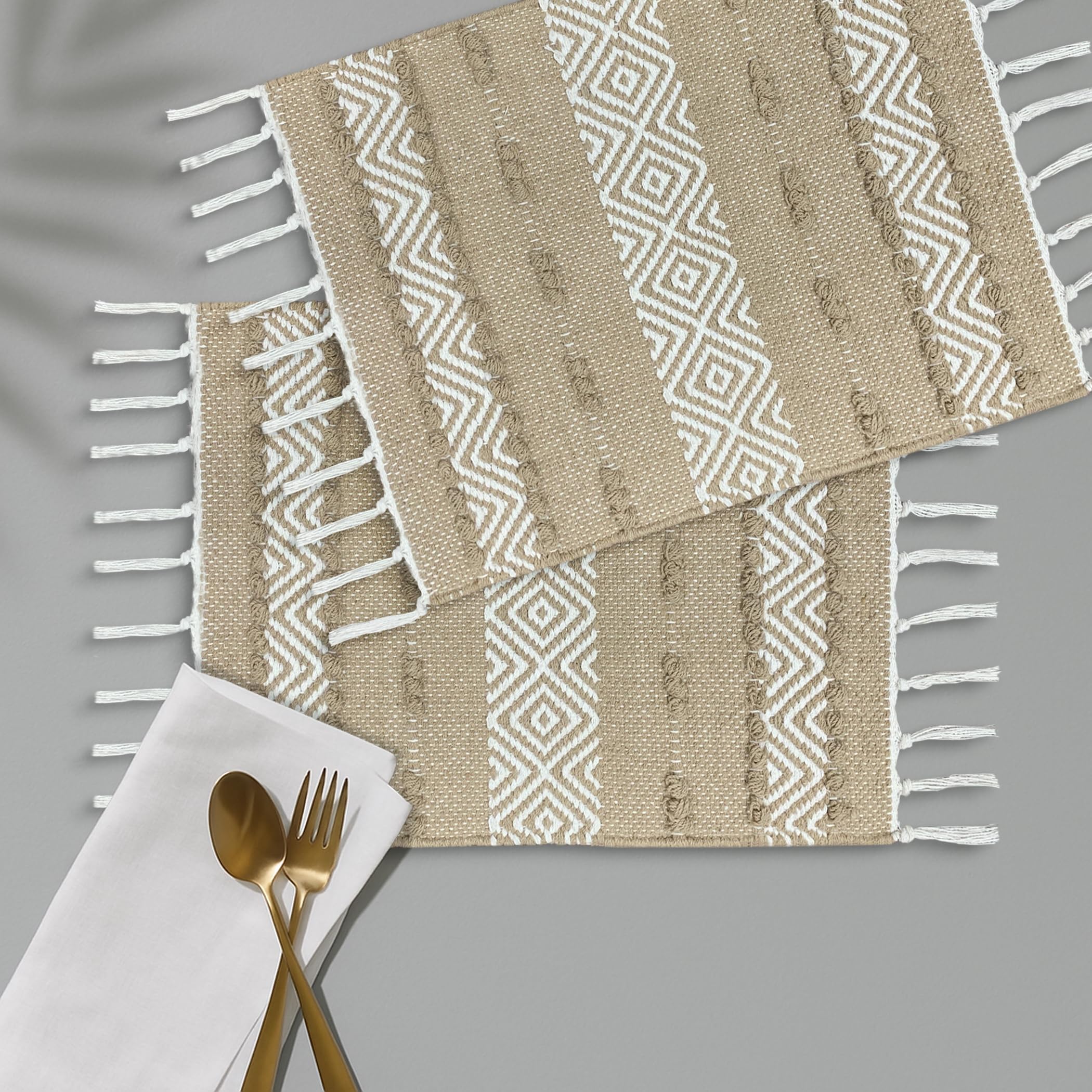 Luxe Home Cotton Table Placemats with Tassels Rectangular Woven Dining Mats Heat Resistant, Washable Table Mats for Dining Table Home, Kitchen & Restaurants (66x33cm) Set of 2-image-1