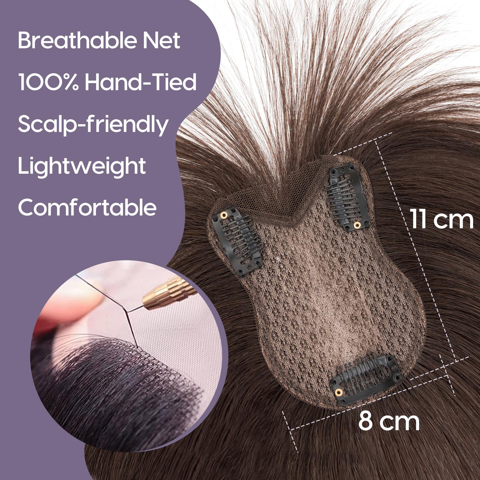 S-noilite Extensiones de Cabello Humano con Flequillo, 21g Extensiones de Pelo Humano Remy con Clip, 8x11CM Base de Encaje de Cabello con Flequillo, Marrón Moca para Cabellera Fino 27CM #2R