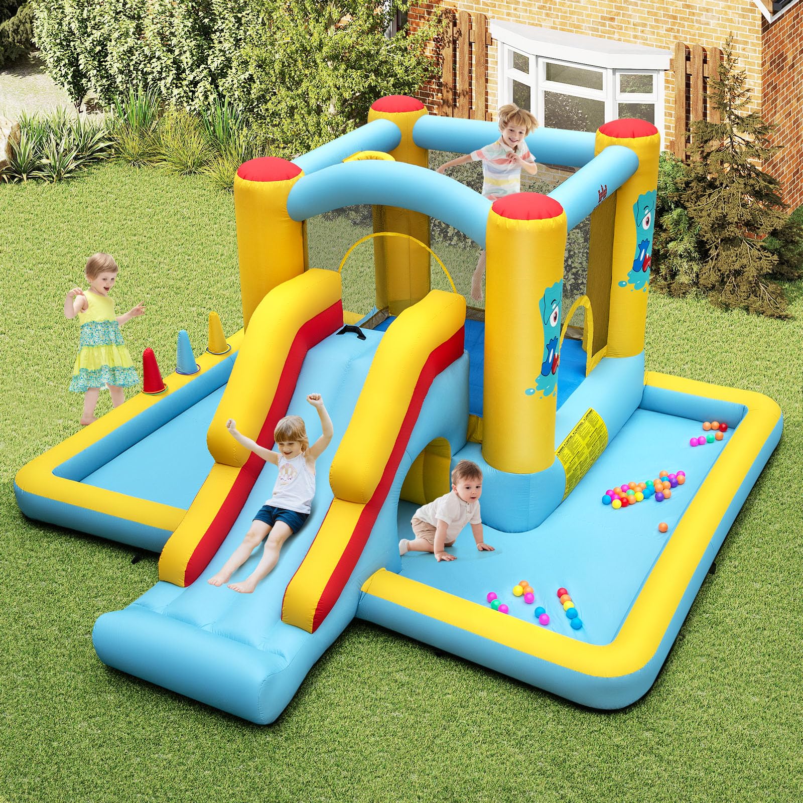 COSTWAY Castillo Hinchable 7 en 1, Grande, 394 x 389 x 194 cm, Niños 3 a 10 Años, Interior Exterior