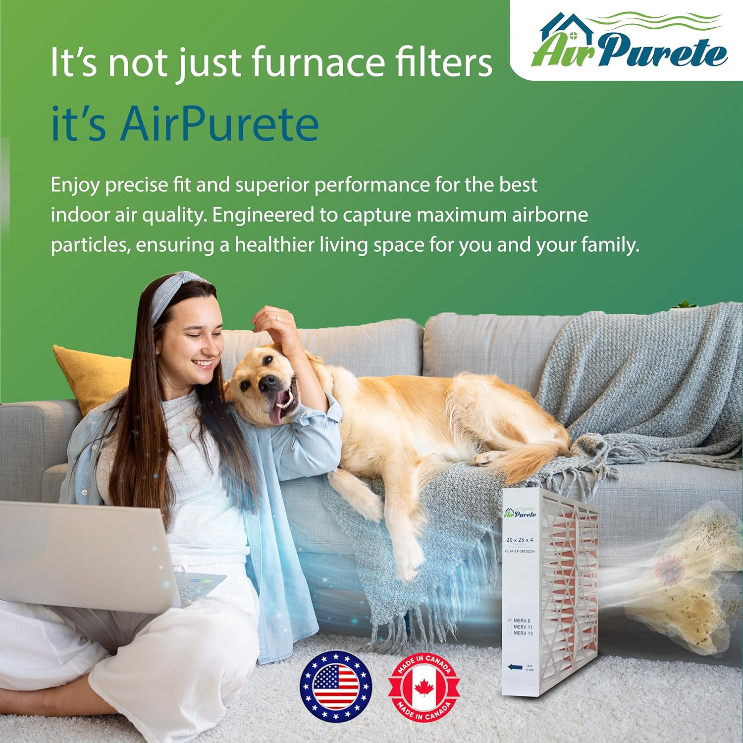 20X25X4 Furnace Filter | AirPurete AP-3M20254 | Actual Size: 19.50 x 24.50 x 3.75 | MERV 8 | Pack of 3
