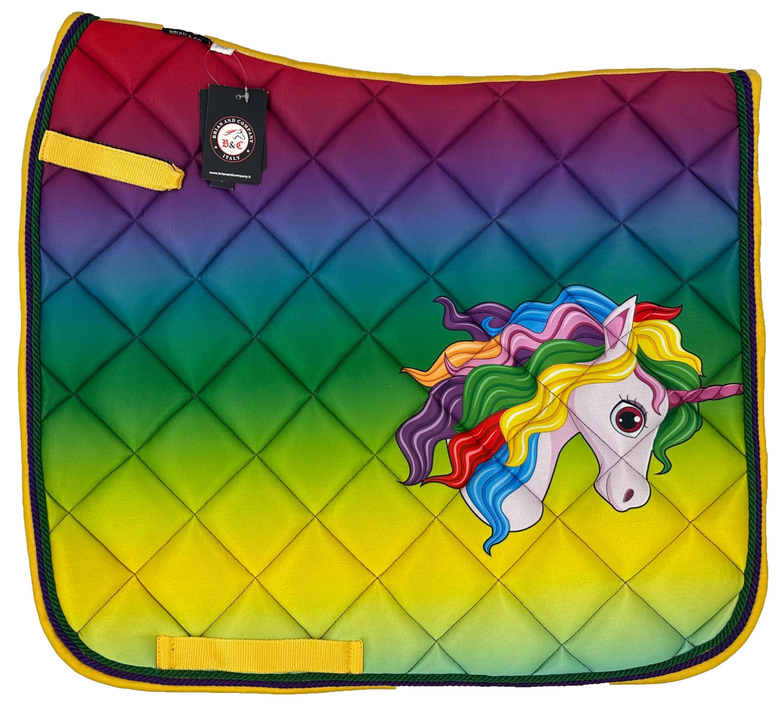 Set Equitazione Arcobaleno | Sottosella Trapuntato + Cuffietta con Perline | Design Unicorno Colorato per Cavalli e Pony
