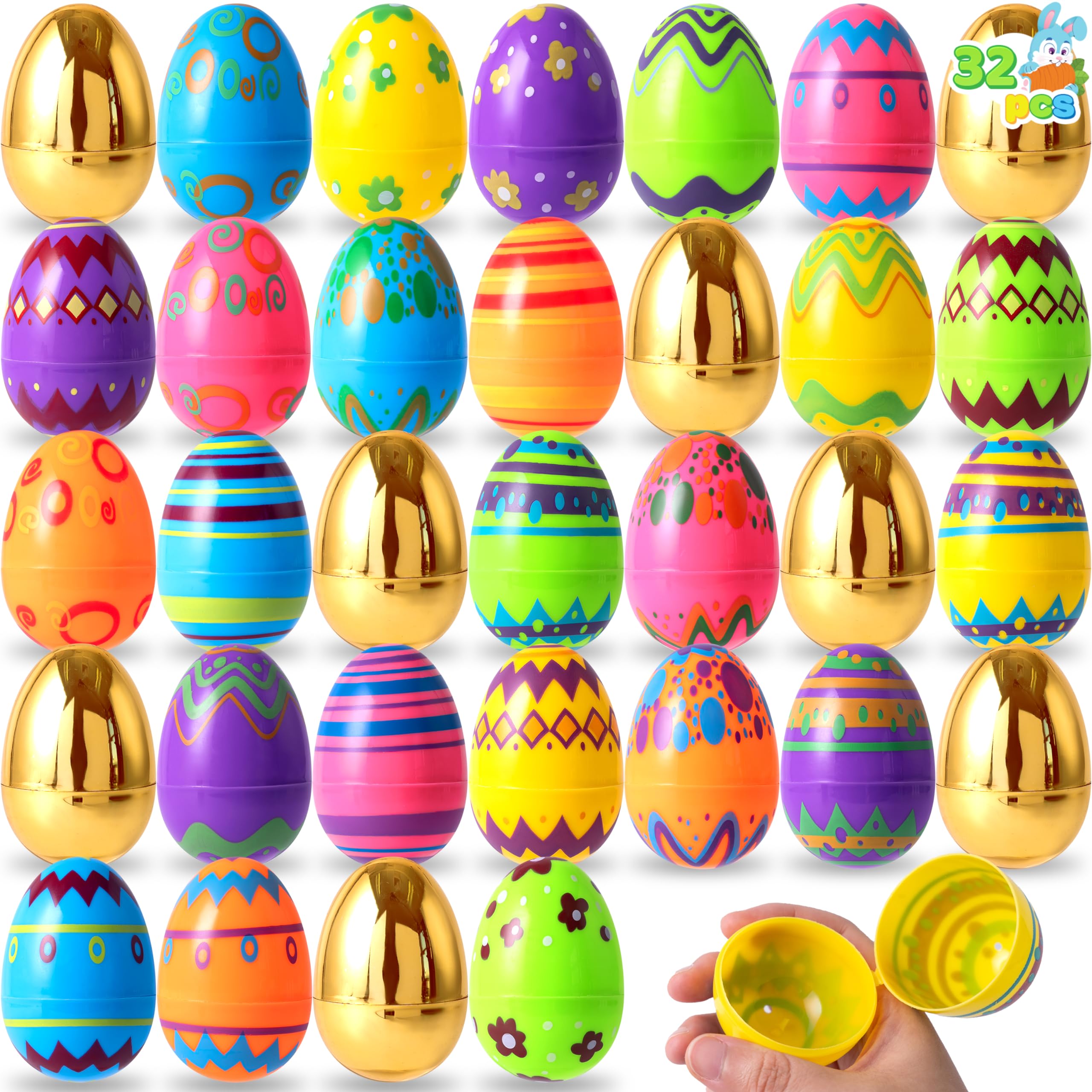 JOYIN 24 Pcs 3.15" Colorful Printed Eggs Include 8 Golden, Plastic Fillable Empty Eggs for Easter Hunt, Basket Stuffer Filler, Classroom Prize, Party Favors
