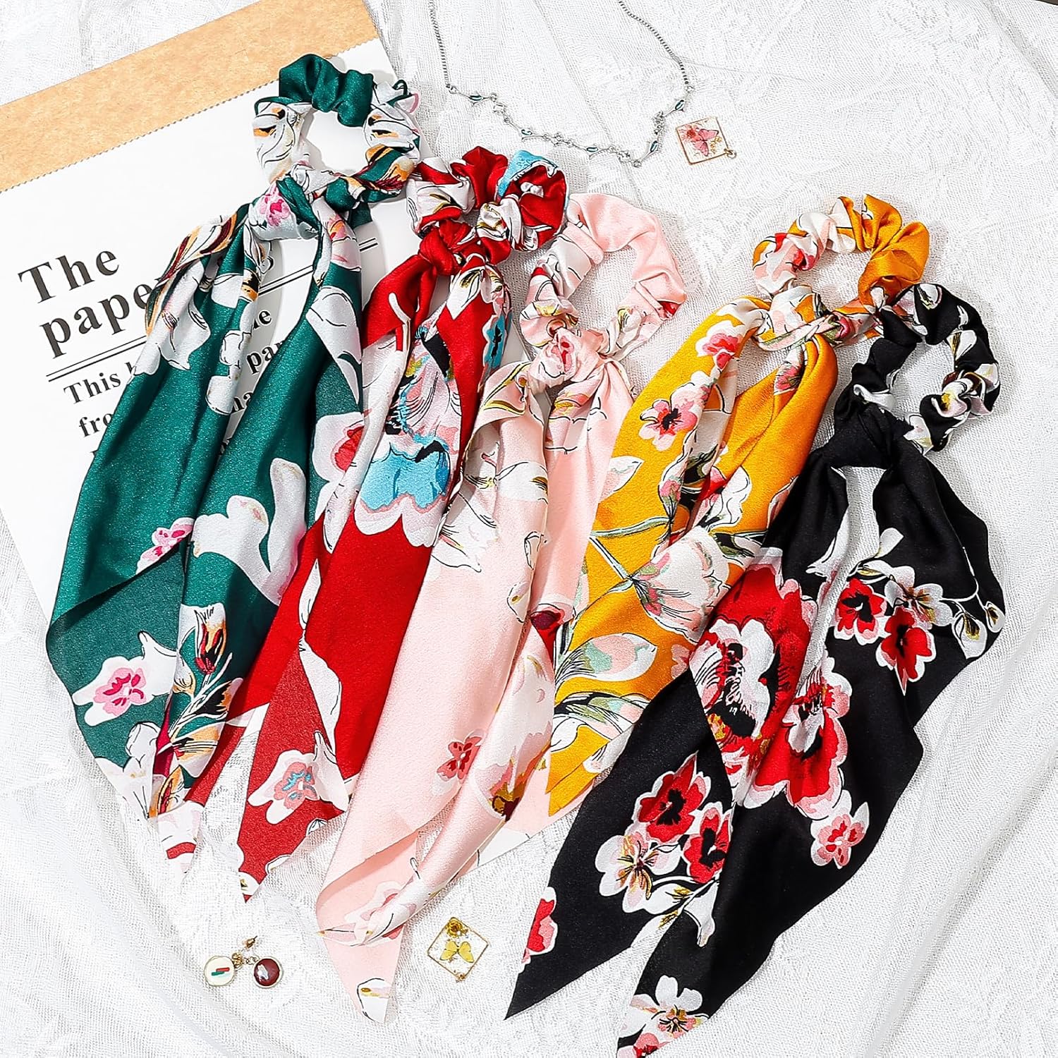 5-Piece Flower Printed Knotted Scarf Scrunchies for Women & Girls, Cute Floral Print Knot Elastic Ribbon Ponytail Holder Hair Ties, Bow No Damage Hair Accessories (Flower01) - Image 7