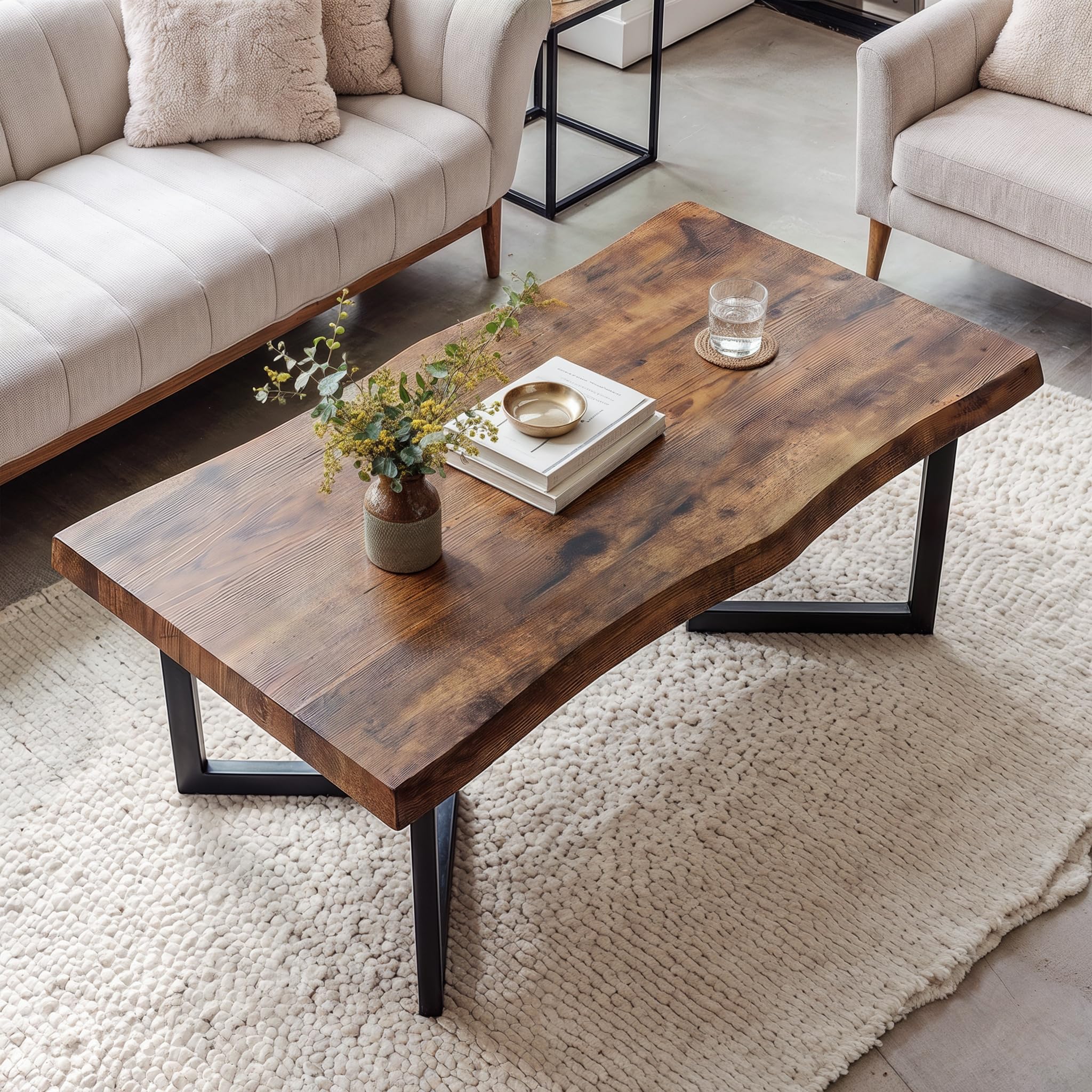 DEZAGCE 120cm Rustic Coffee Table with Wavy Wood Grain, Rectangular Centre Table with 4cm Thick Top & Black Metal Legs, Industrial Living Room Table