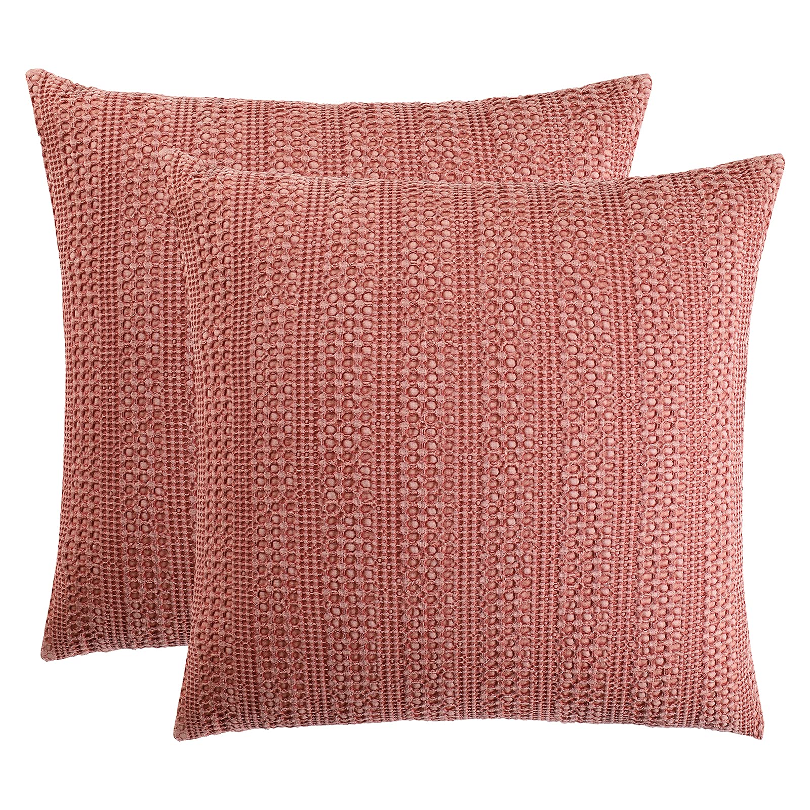 18x18 Throw Pillow Covers Set of 2 Boho Decorative Pillow Shams Stone Washed Cotton Pillowcase Waffle Square for Couch Sofa Chair Bed Car,Coral Pink