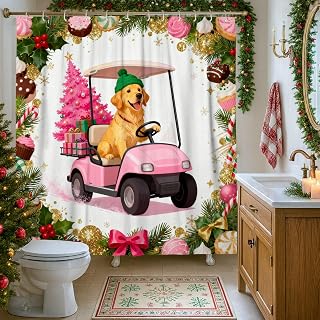 Dog Shower Curtain, Festive Playful Golf Cart Christmas Tree Xmas Peach Polyester Waterproof Decorative Bathroom Curtain for Bathroom Bathtub Apartment Decor 62x72 Inch