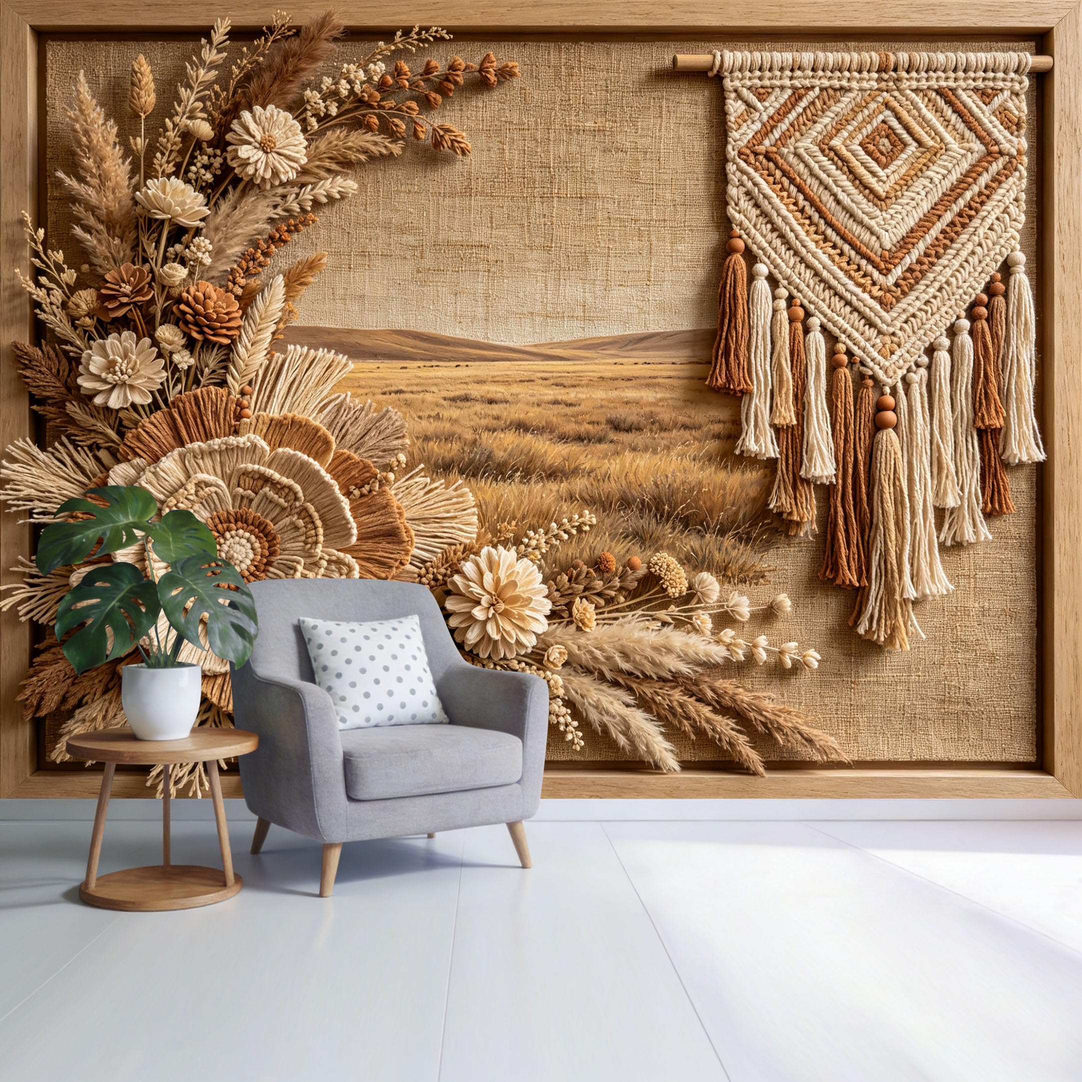 Custom Size Wall Mural Boho Botanical Dried Pampas Grass Macrame Texture Neutral Floral Art SelfAdhesive Wall Fabric Removable Wallpaper for Home Office Decor