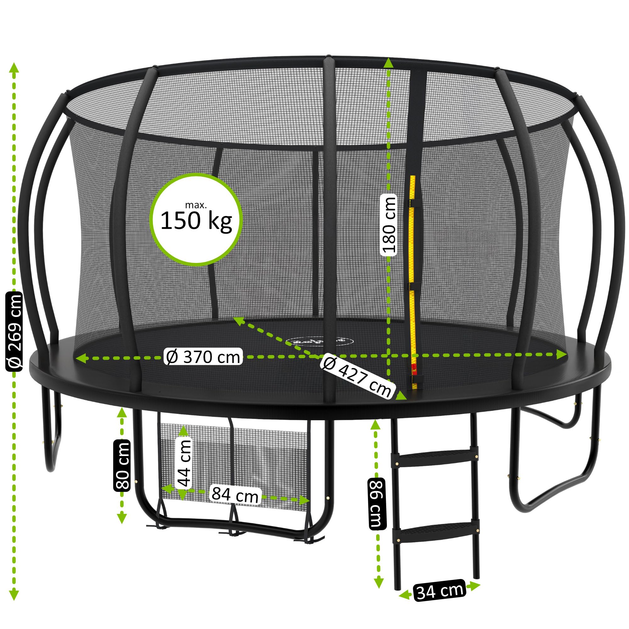 Zelsius Trampolino elastico nero, diametro 427 cm, per uso esterno, per massimo 150 kg, con rete di sicurezza, scala e borsa per scarpe, per sport e tempo libero