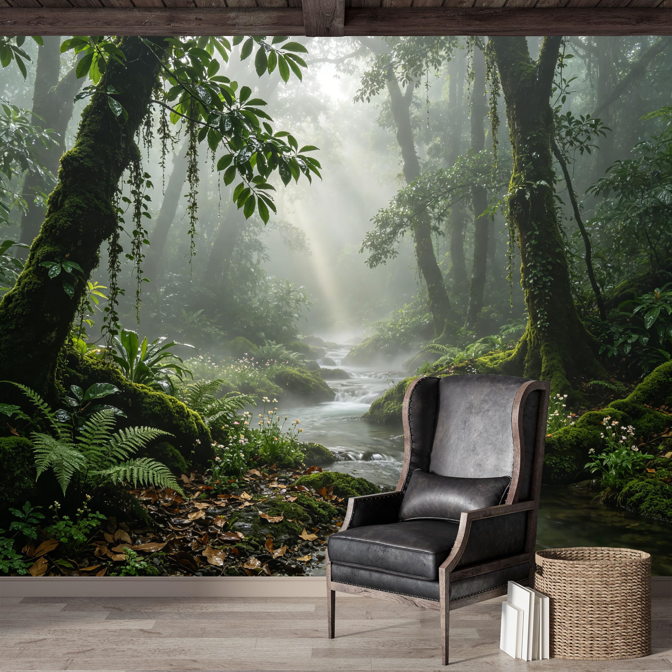 Custom Size Wall Mural,Misty Forest River Tropical Botanical Watercolor Premium Water Activated SelfAdhesive Wallpaper,Removable Wall Covering,Easy DIY Install Wall Art for Indoor Home Decor