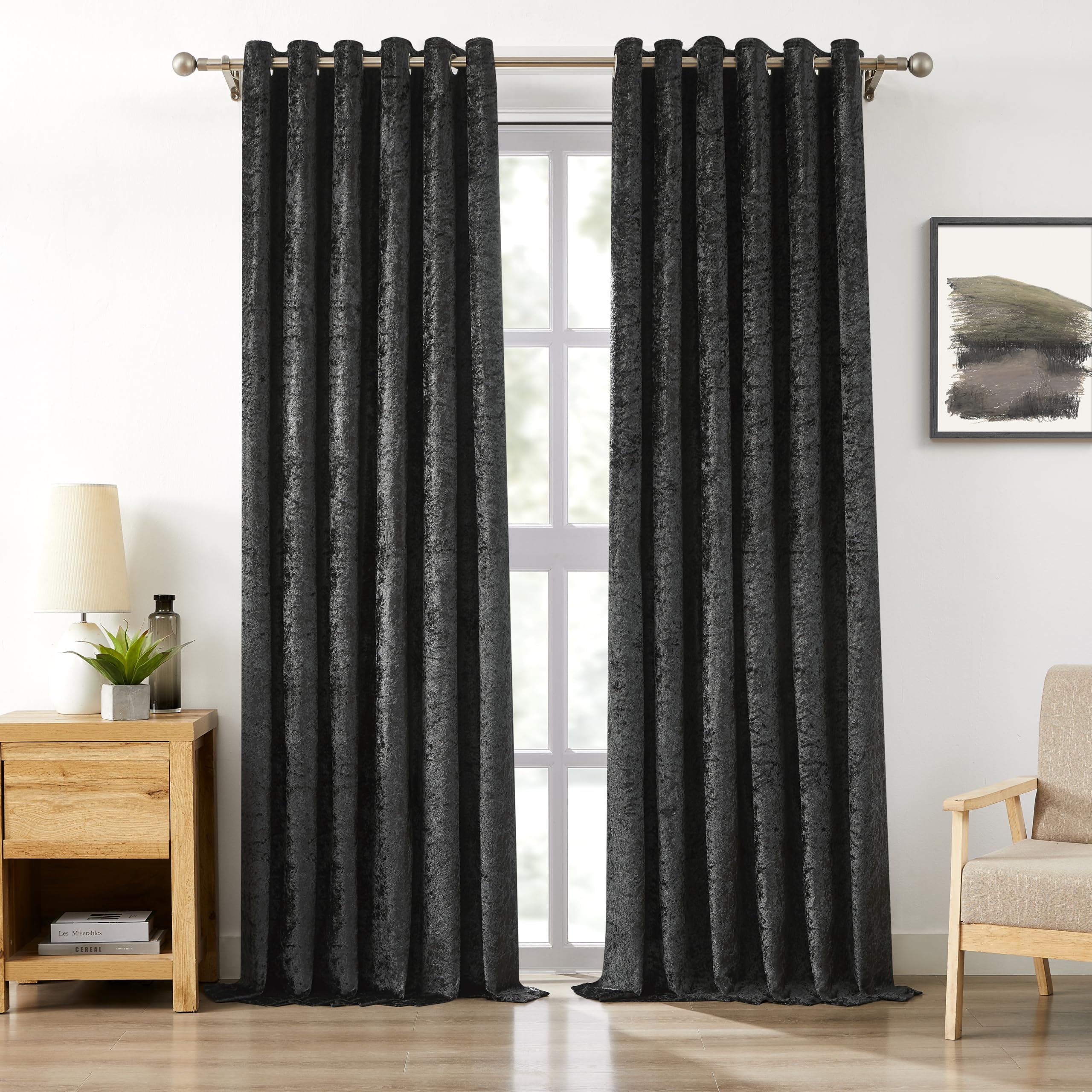 Bujasso Black Full Blackout Curtains 90 inch Eyelet Crushed Velvet with Blackout Lining Drapes for Living Room Bedroom Thermal Insulated Room Darkening Curtains 2 Panels Grommet Top W90xL90