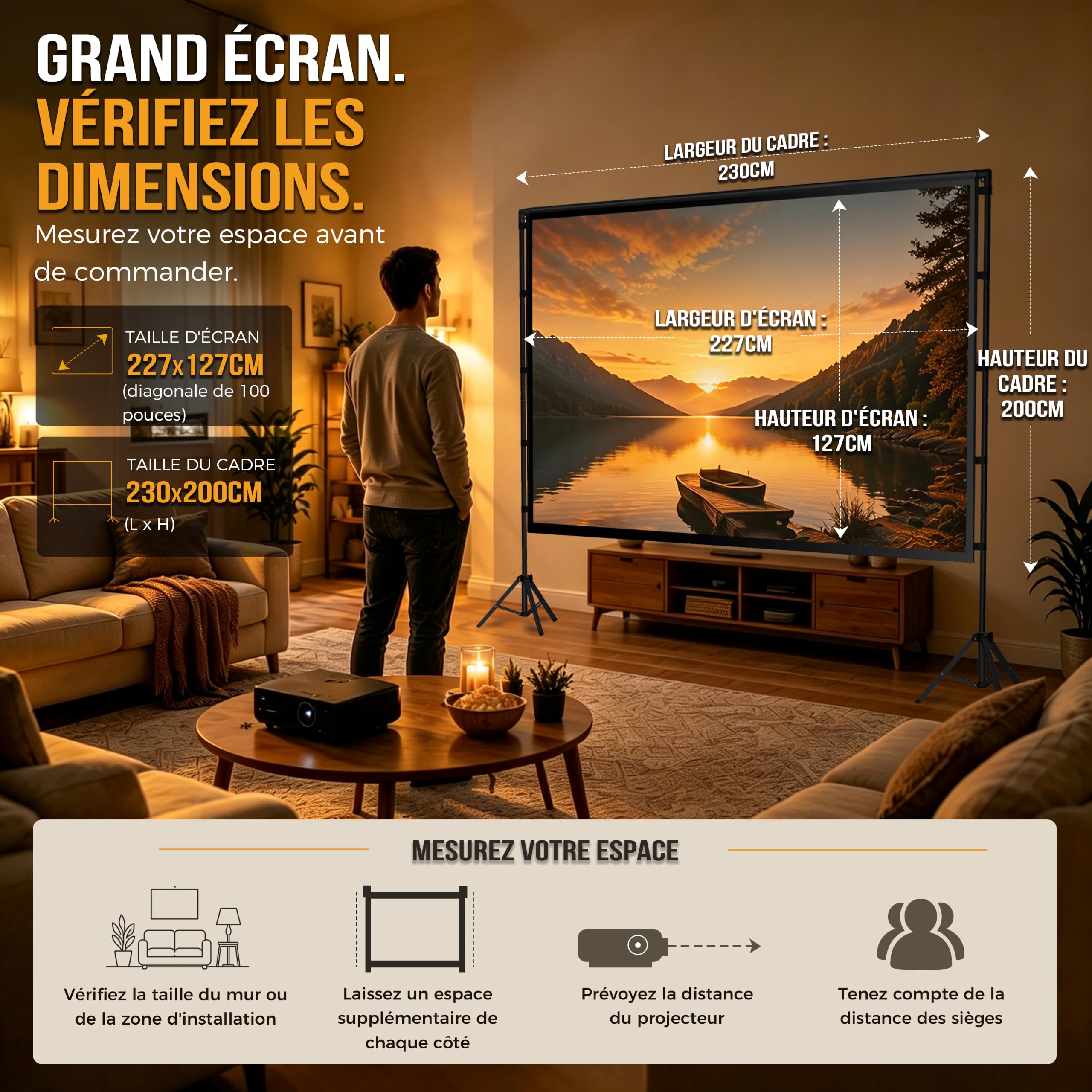 Écran de projection d'extérieur de 254 cm avec trépied