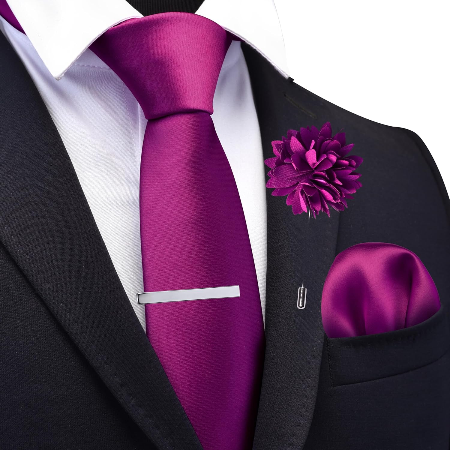 Branduce 3.15"(8cm) Mens Tie and Lapel Pin Solid Necktie Handkerchief Tie Clip Set for Men - Image 2