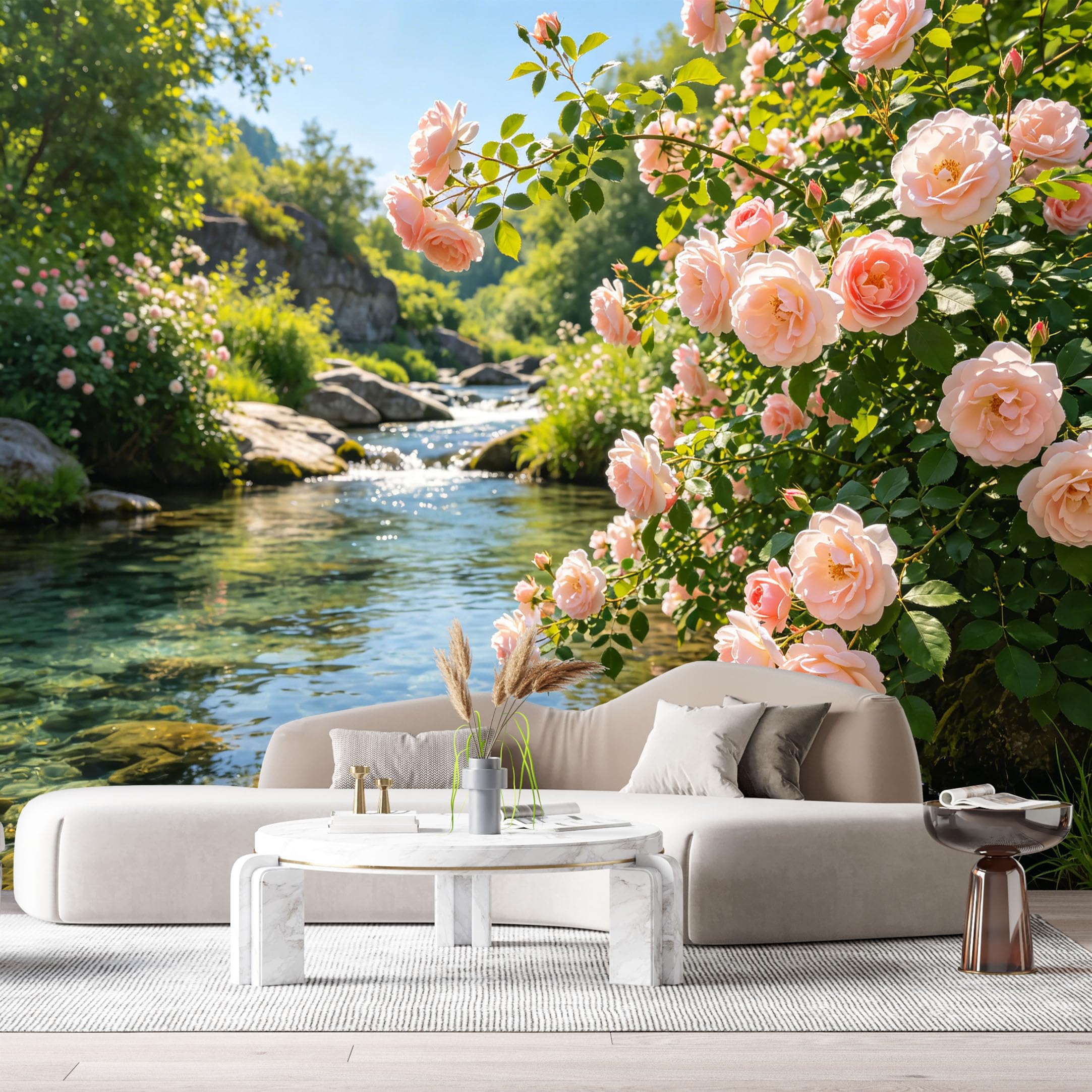 Custom Size Wall Murals Botanical Floral River Landscape Watercolor Pink Roses Mountain Stream SelfAdhesive Wall Fabric Removable Large Wallpaper for Photo Living Room