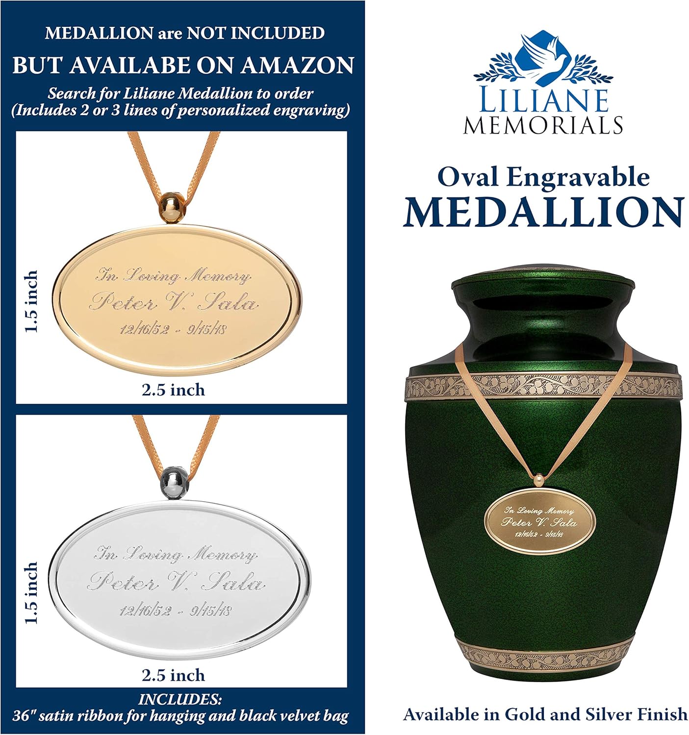 Liliane Memorials Green Funeral Urn Cremation Urn for Human Ashes - Hand Made in Brass - Suitable for Cemetery Burial or Niche - Large Size fits remains of Adults up to 200 lbs - Torino Model