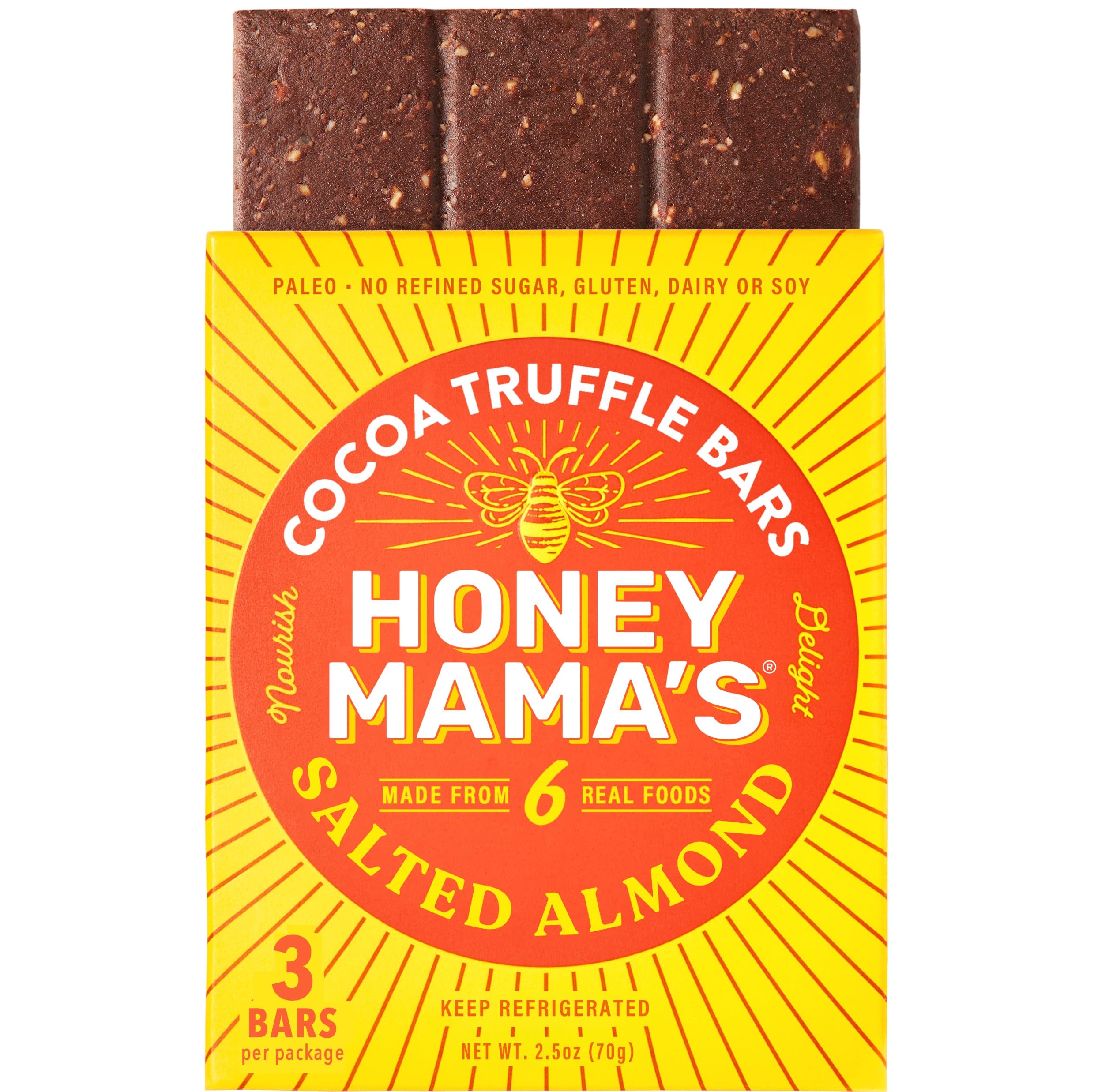 Honey Mama's, Salted Almond Cocoa Truffle Bars, No Refined Sugar, Gluten Free, Dairy Free, Soy Free, Paleo, 2.5 Ounce, 3-Serving Bar