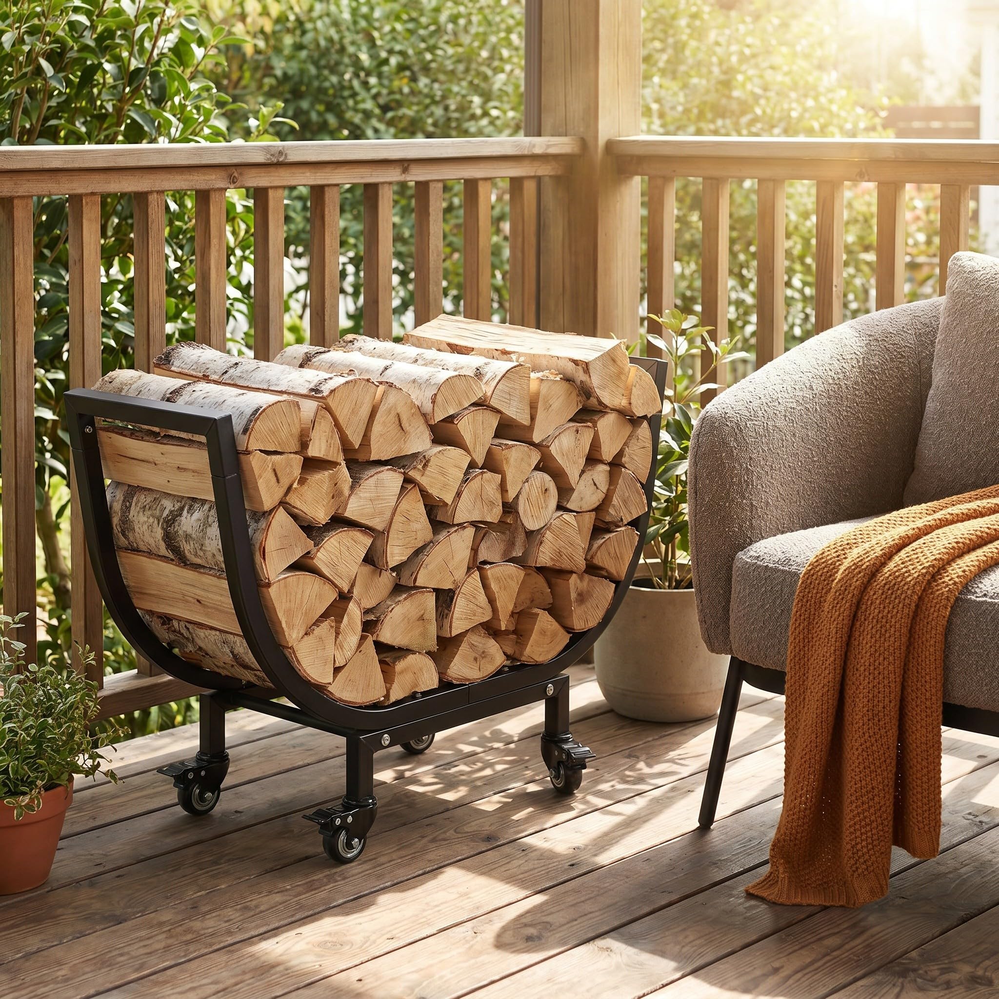 Artibetter Porta legna da ardere: Porta legna da - da esterno resistente da 60 cm con ruote - Supporto per in acciaio al carbonio per giardino, patio e cortile