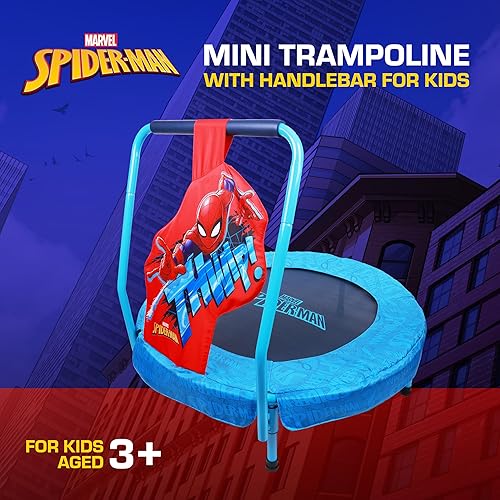 Miniatura 2 de Marvel Spider-Man Trampolín para niños, mini trampolín para interiores con barra de mango de espuma, alfombrilla de salto redonda, azul