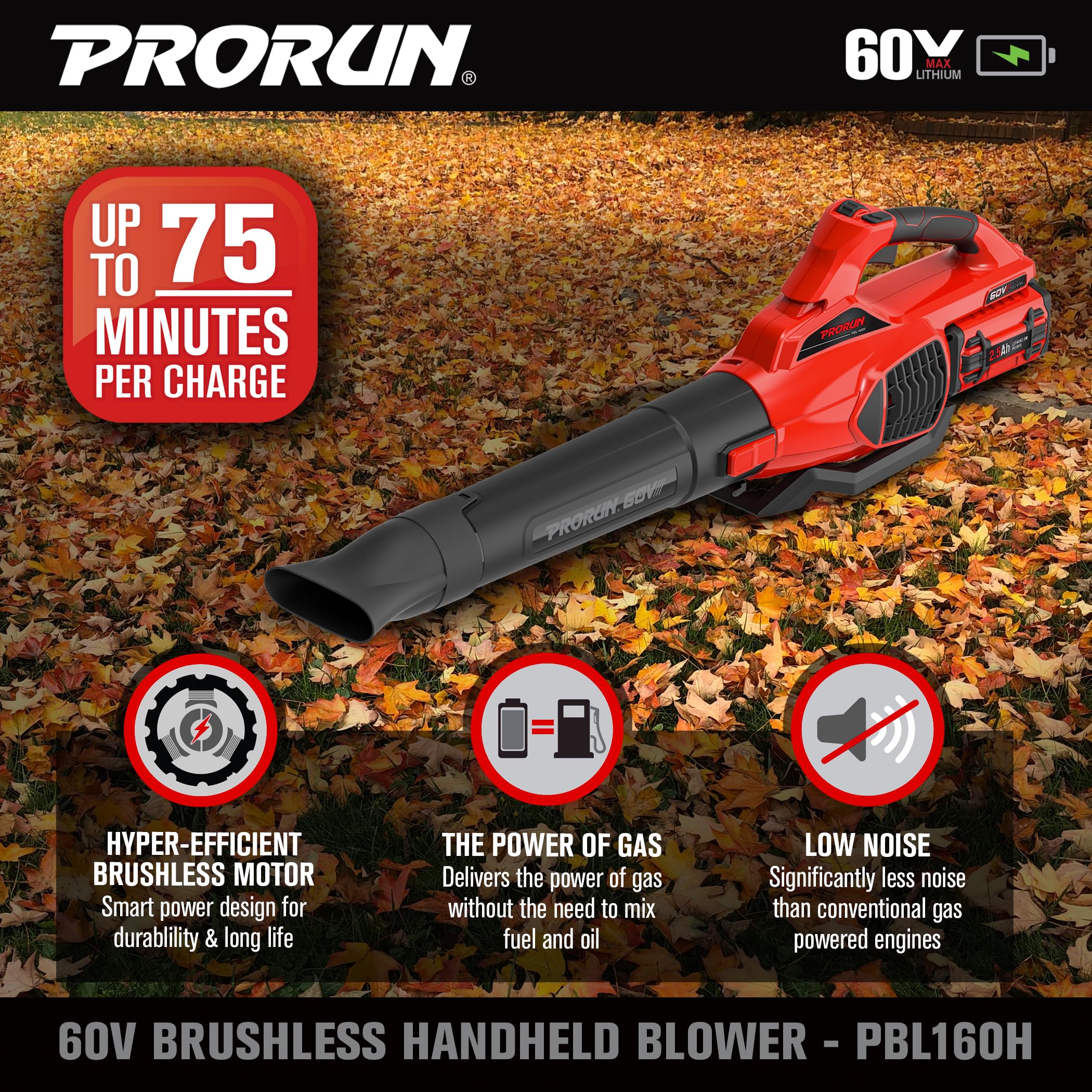 PRORUN Soplador de hojas de mano inalámbrico sin escobillas de 60 V 680 CFM 190 MPH con batería de 2.5 Ah y cargador PBL160H