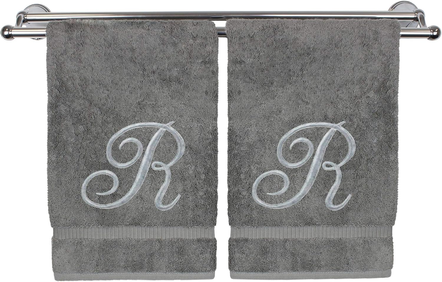 Monogrammed Hand Towel, Personalized Gift, 16 x 30 Inches - Set of 2 - Silver Embroidered Towel - Extra Absorbent 100% Turkish Cotton- Soft Terry Finish - for Bathroom, Kitchen and Spa- Script R Gray
