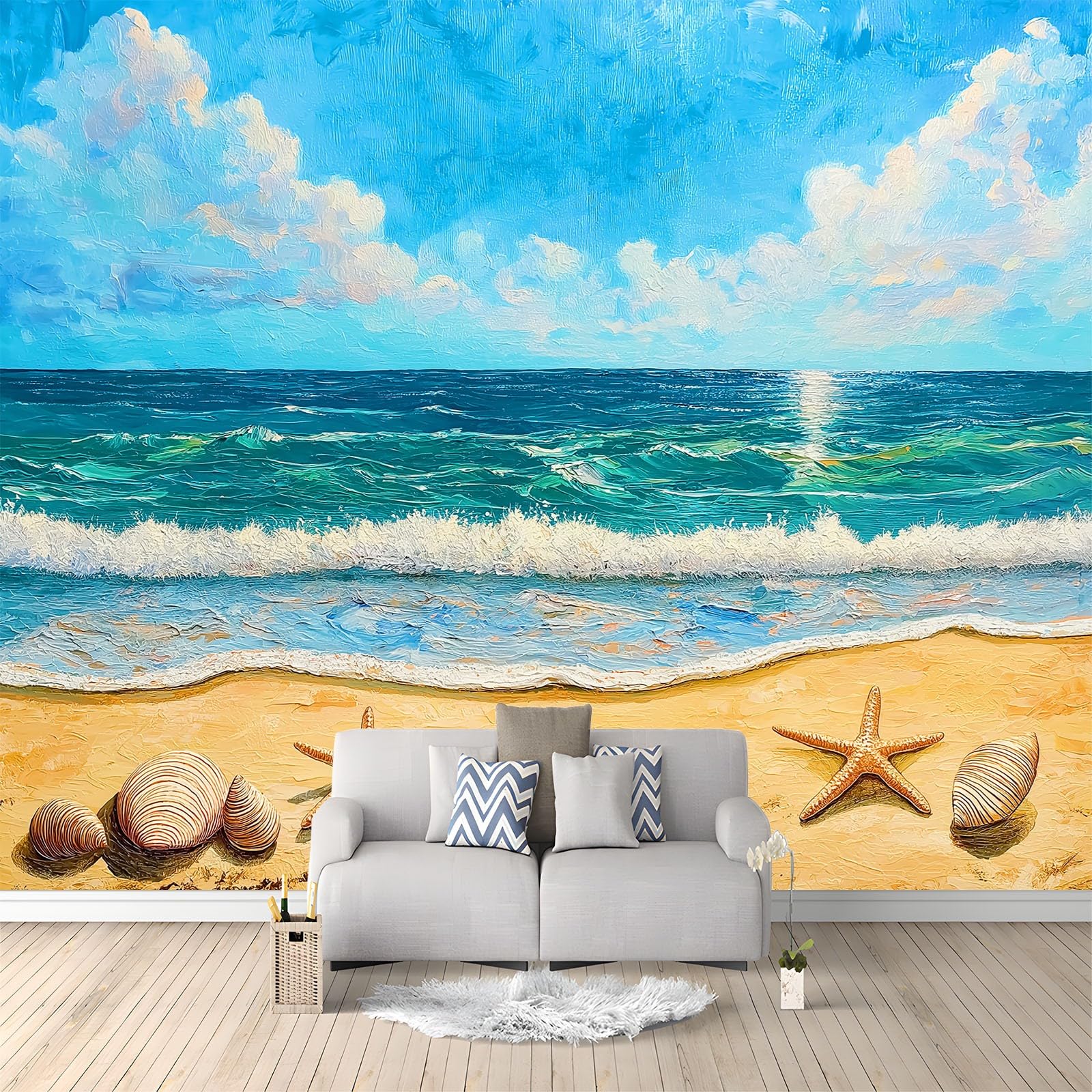 Niestandardowa fototapeta 3D, 300 x 210 cm, natura, muszle, rozgwiazda, mural, gruba włóknina, niebieska tapeta do salonu, tło telewizyjne